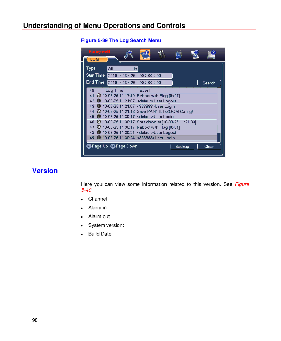 Honeywell HD-DVR-1008, HD-DVR-1004, HD-DVR-1016 user manual Version, The Log Search Menu 