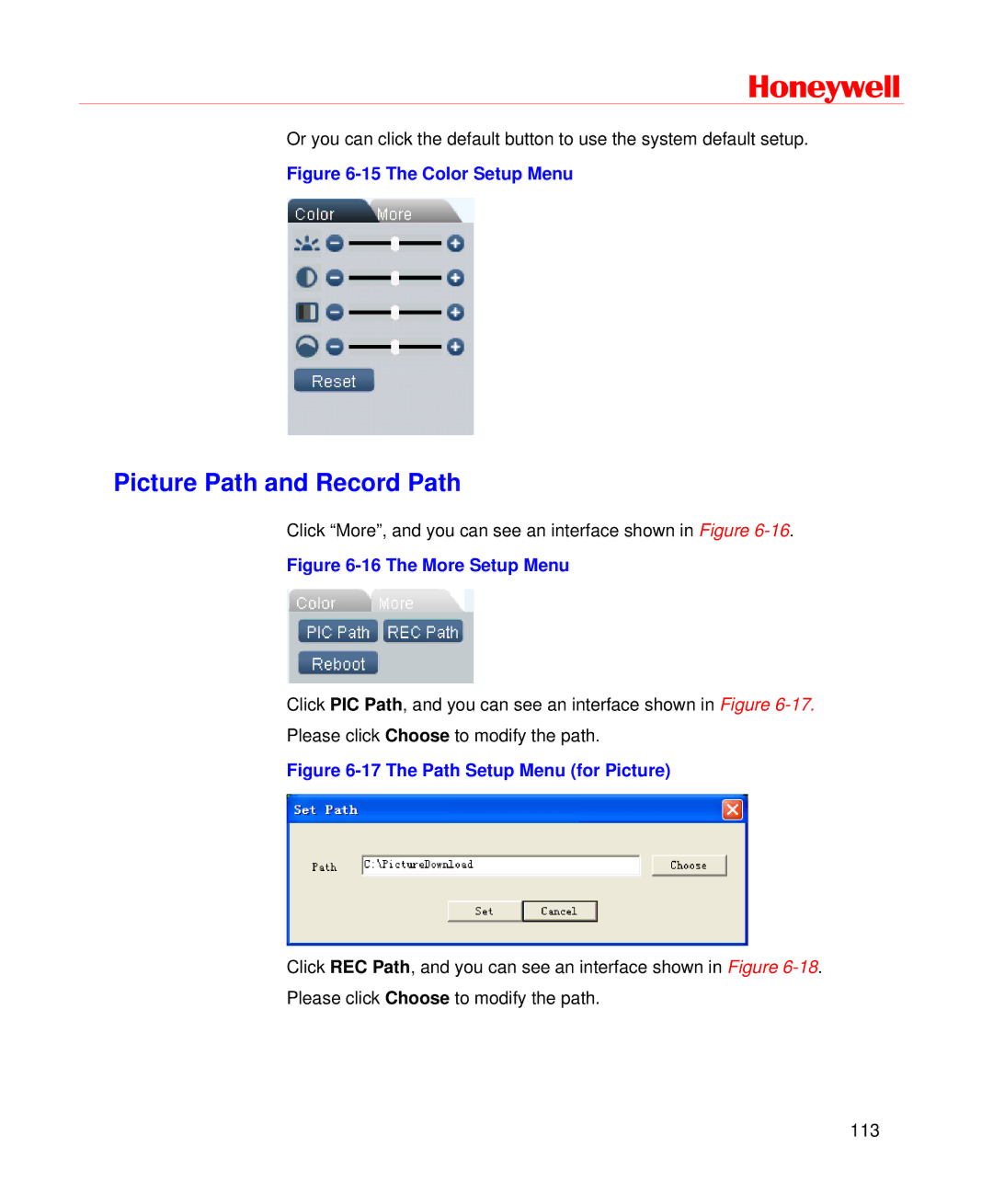 Honeywell HD-DVR-1008, HD-DVR-1004, HD-DVR-1016 user manual Picture Path and Record Path, The Color Setup Menu 