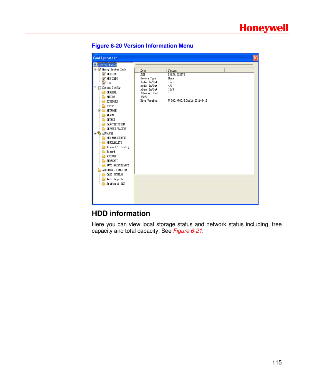 Honeywell HD-DVR-1004, HD-DVR-1008, HD-DVR-1016 user manual HDD information, Version Information Menu 