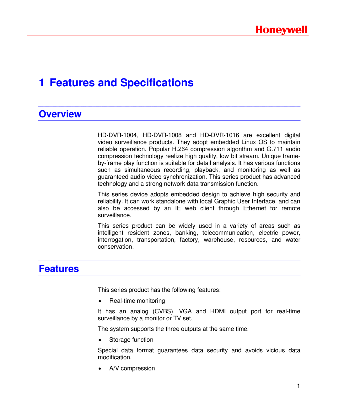 Honeywell HD-DVR-1004, HD-DVR-1008, HD-DVR-1016 user manual Overview, Features 