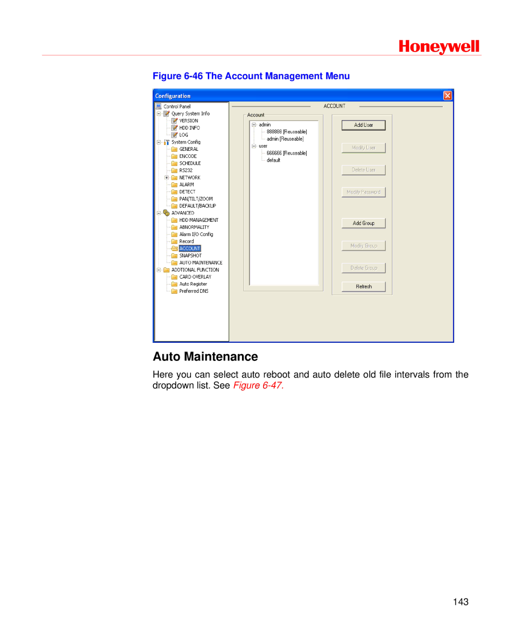 Honeywell HD-DVR-1008, HD-DVR-1004, HD-DVR-1016 user manual Auto Maintenance, The Account Management Menu 