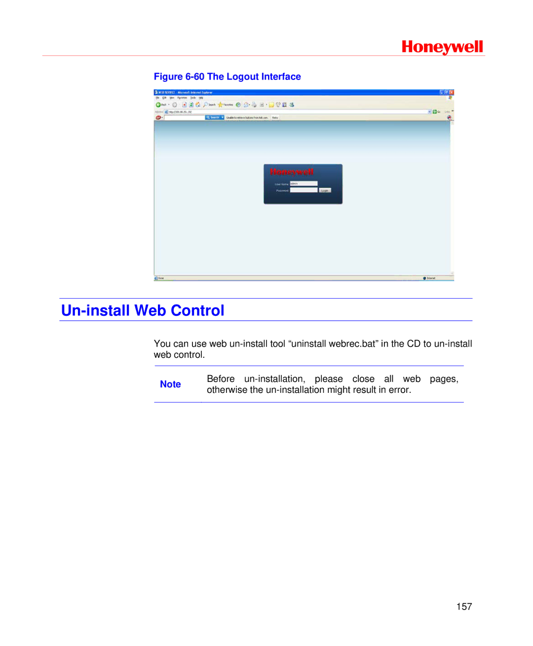 Honeywell HD-DVR-1004, HD-DVR-1008, HD-DVR-1016 user manual Un-install Web Control, The Logout Interface 