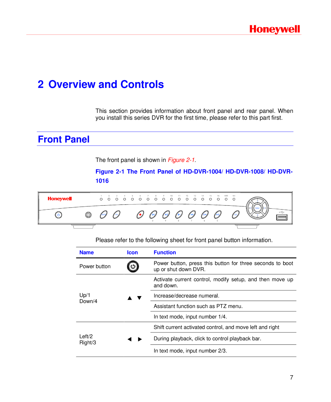 Honeywell HD-DVR-1004, HD-DVR-1008, HD-DVR-1016 user manual Overview and Controls, Front Panel 