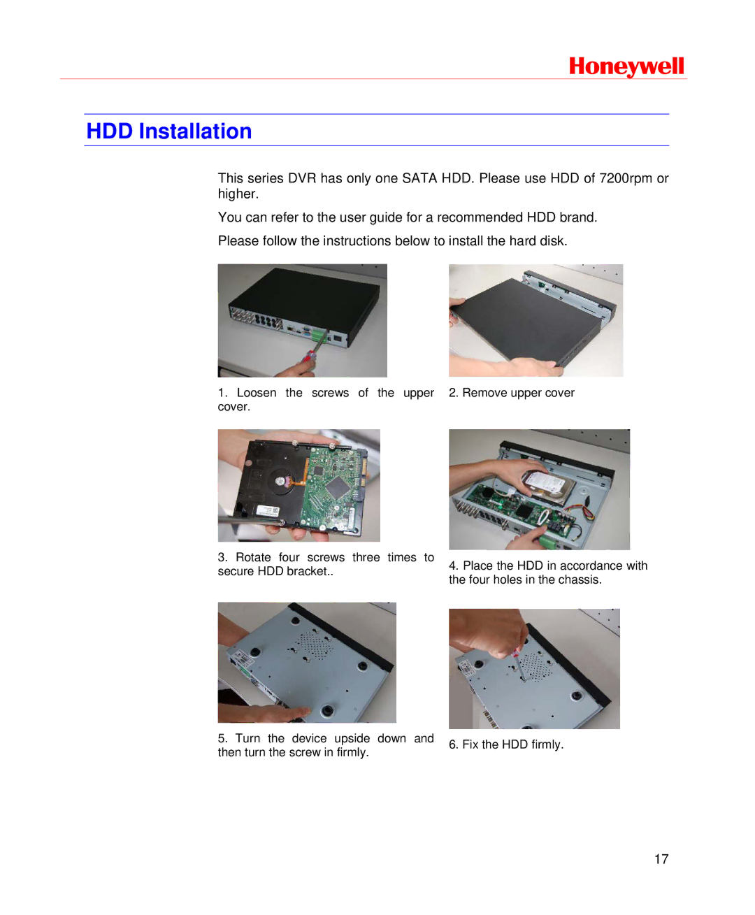 Honeywell HD-DVR-1008, HD-DVR-1004, HD-DVR-1016 user manual HDD Installation 