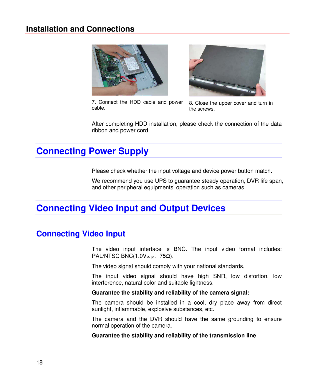 Honeywell HD-DVR-1016, HD-DVR-1004, HD-DVR-1008 Connecting Power Supply, Connecting Video Input and Output Devices 