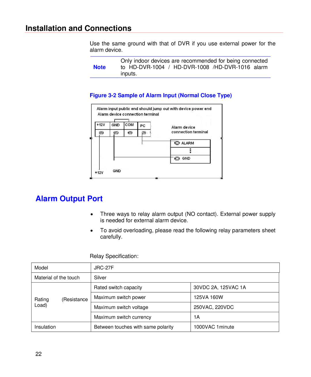 Honeywell HD-DVR-1004, HD-DVR-1008, HD-DVR-1016 user manual Alarm Output Port, JRC-27F 