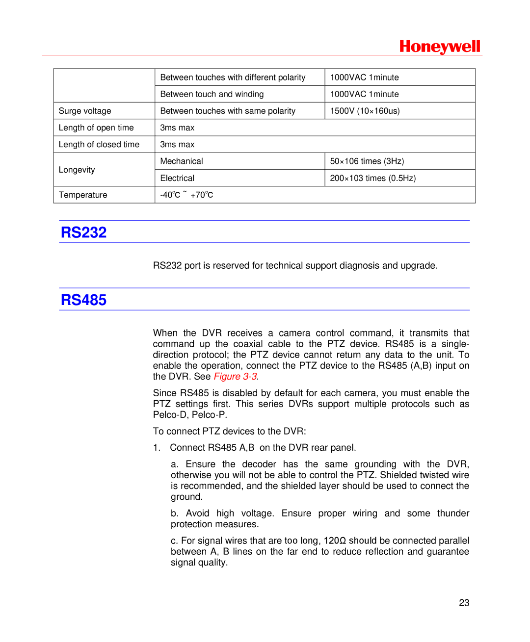 Honeywell HD-DVR-1008, HD-DVR-1004, HD-DVR-1016 user manual RS232, RS485 