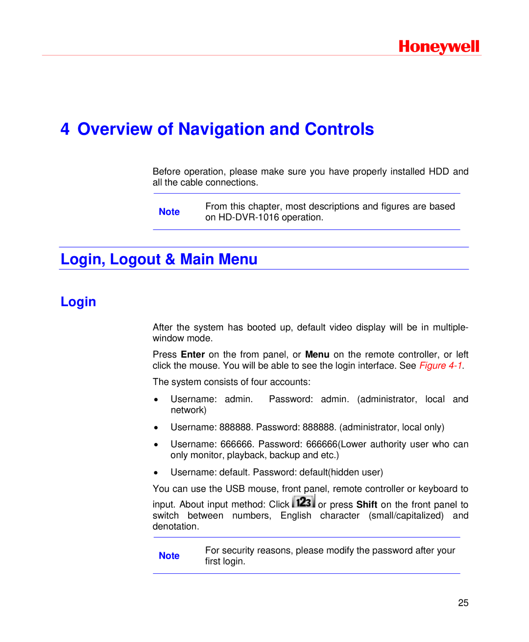 Honeywell HD-DVR-1004, HD-DVR-1008, HD-DVR-1016 user manual Login, Logout & Main Menu 