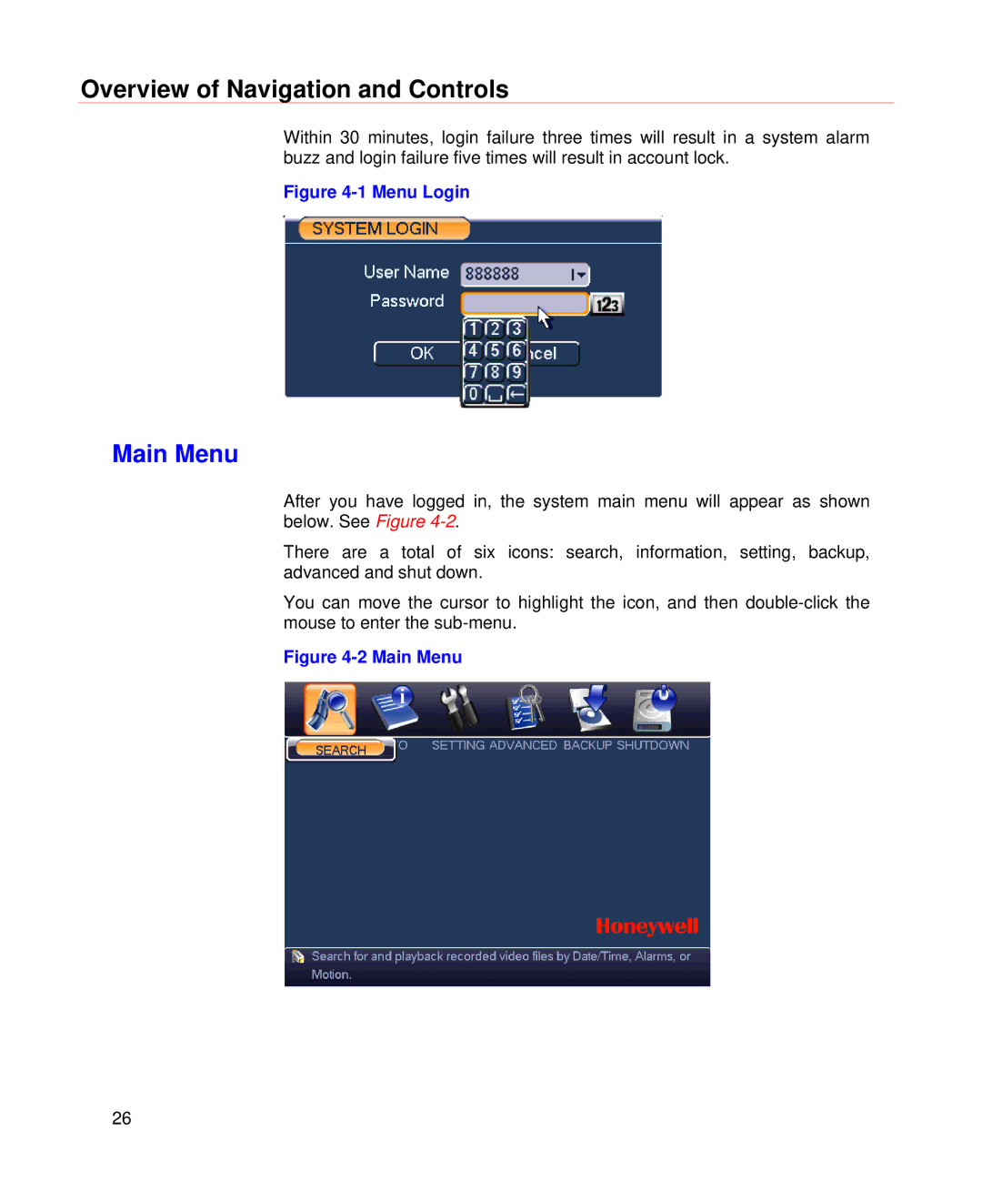 Honeywell HD-DVR-1008, HD-DVR-1004, HD-DVR-1016 user manual Overview of Navigation and Controls, Main Menu 