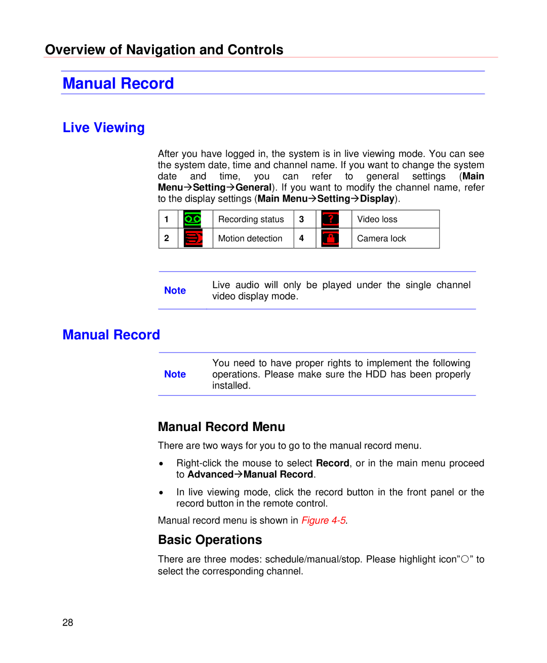 Honeywell HD-DVR-1004, HD-DVR-1008, HD-DVR-1016 user manual Live Viewing, Manual Record Menu, Basic Operations 