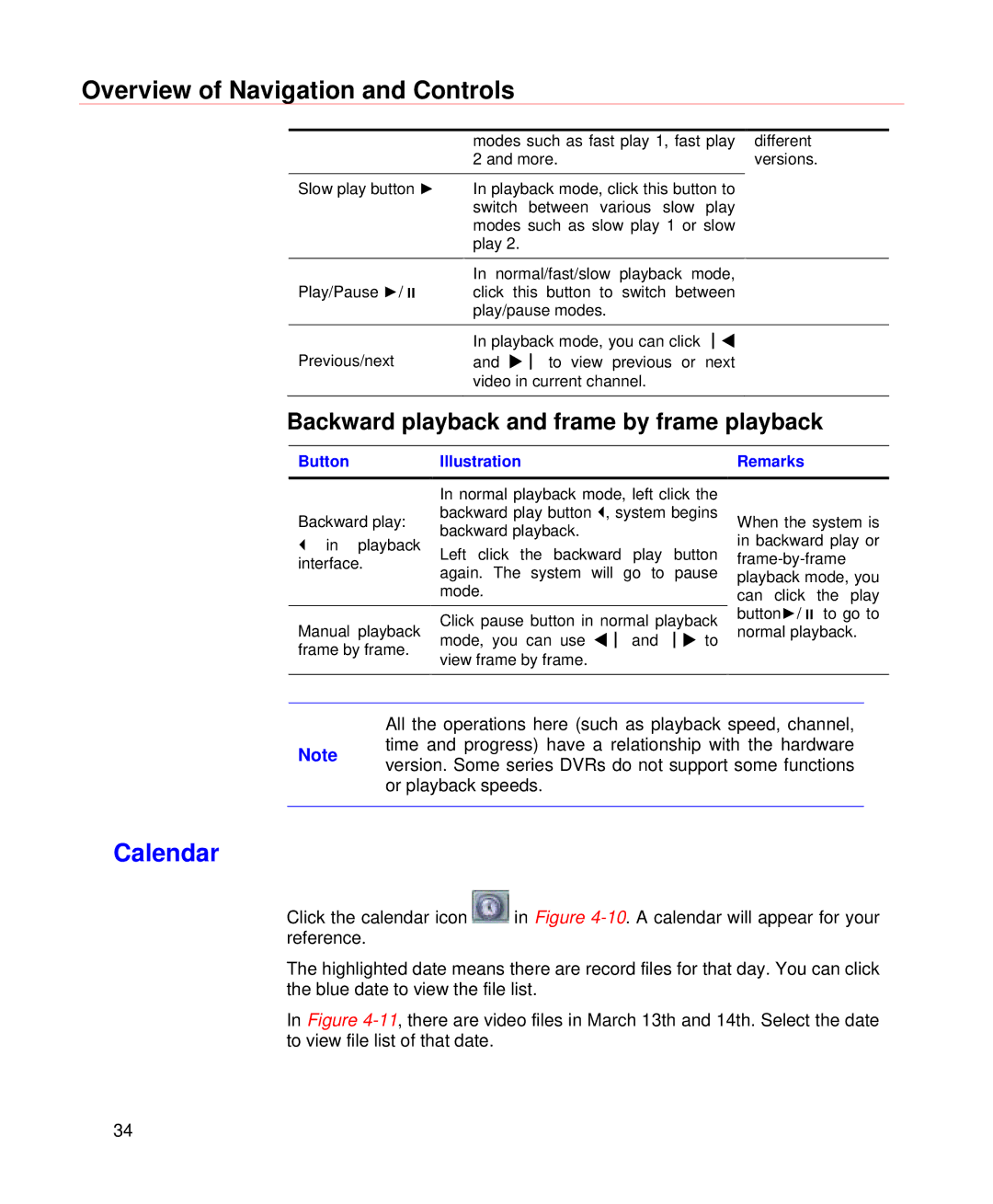 Honeywell HD-DVR-1004, HD-DVR-1008, HD-DVR-1016 user manual Calendar, Backward playback and frame by frame playback 