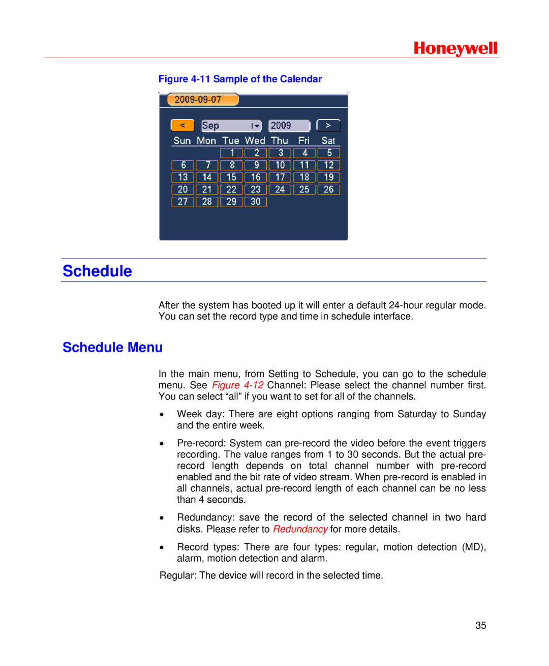 Honeywell HD-DVR-1008, HD-DVR-1004, HD-DVR-1016 user manual Schedule Menu 