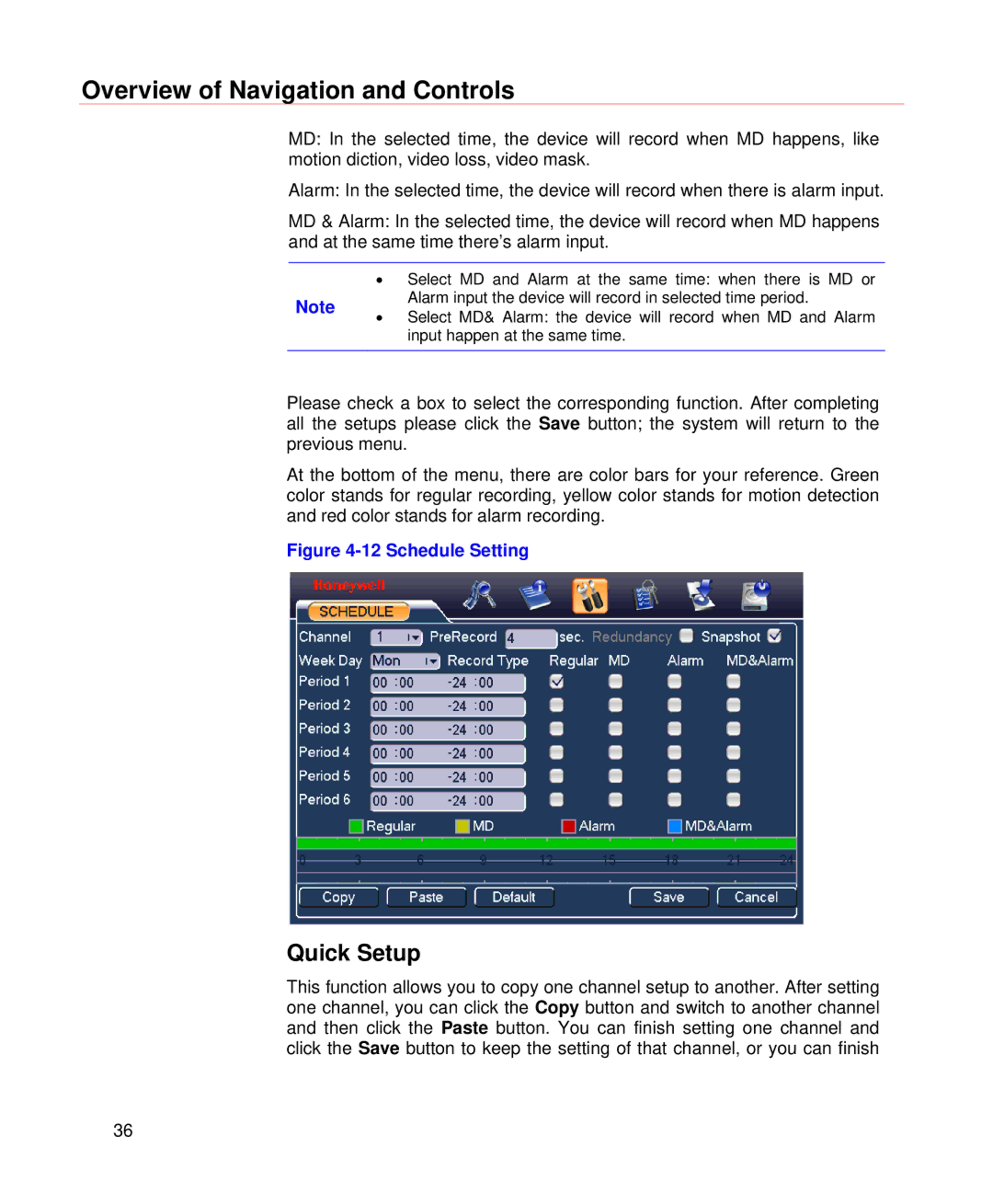 Honeywell HD-DVR-1016, HD-DVR-1004, HD-DVR-1008 user manual Quick Setup, Schedule Setting 
