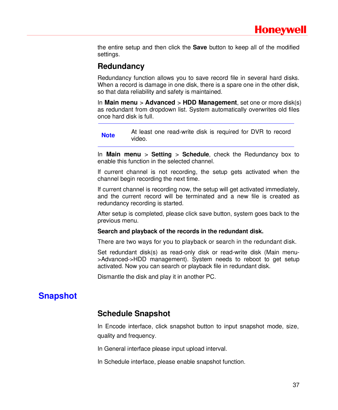 Honeywell HD-DVR-1004, HD-DVR-1008, HD-DVR-1016 user manual Redundancy, Schedule Snapshot 