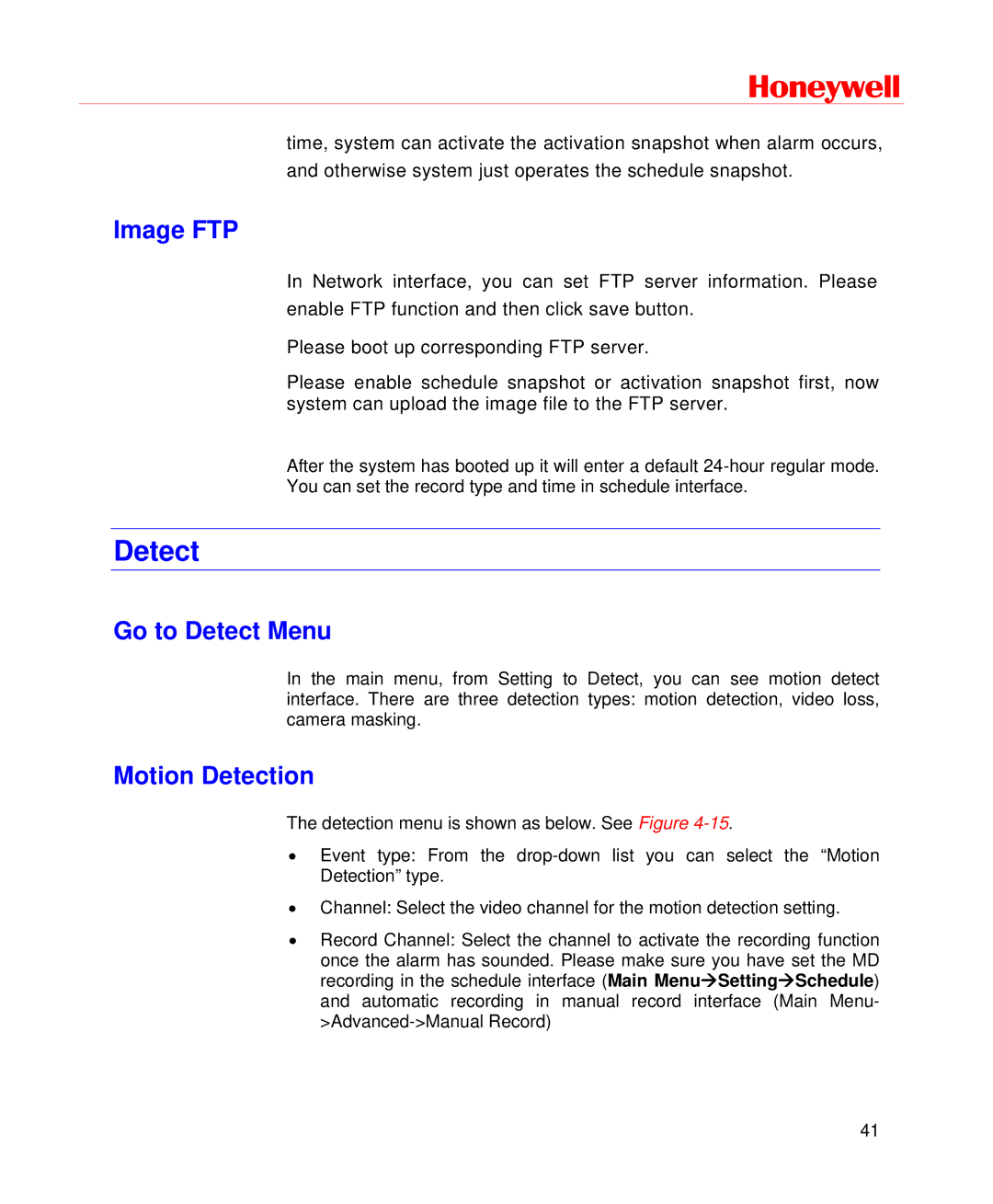 Honeywell HD-DVR-1008, HD-DVR-1004, HD-DVR-1016 user manual Image FTP, Go to Detect Menu, Motion Detection 