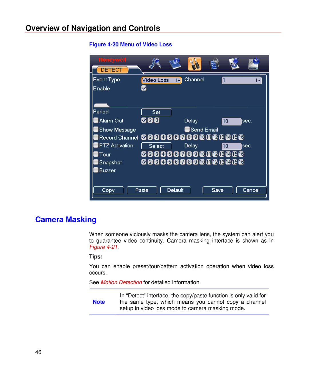 Honeywell HD-DVR-1004, HD-DVR-1008, HD-DVR-1016 user manual Camera Masking, Menu of Video Loss 