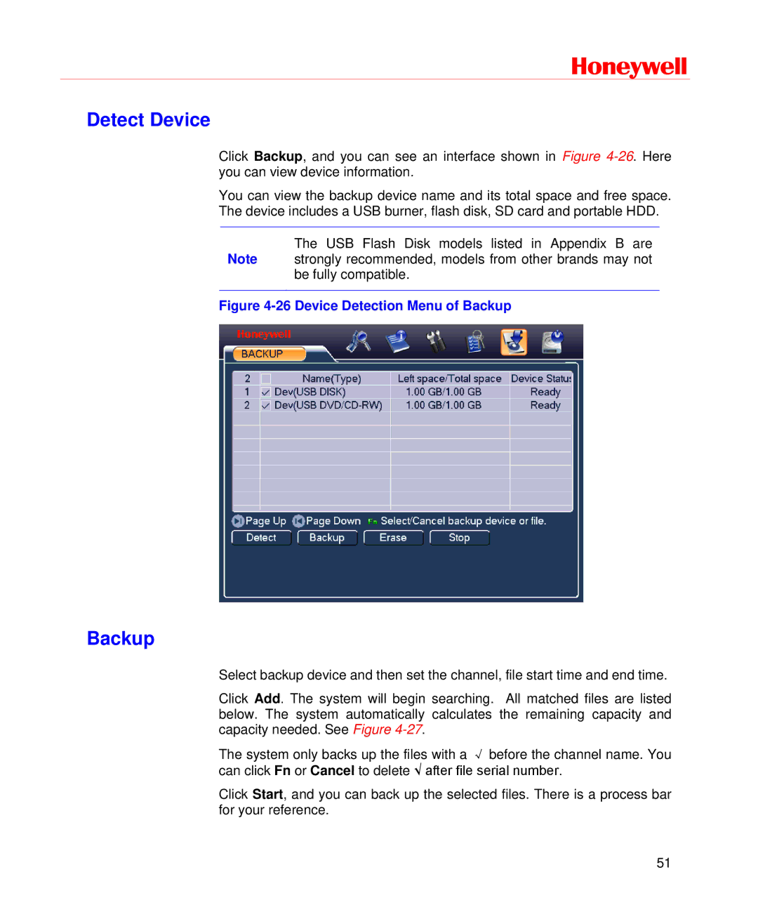 Honeywell HD-DVR-1016, HD-DVR-1004, HD-DVR-1008 user manual Detect Device, Backup 