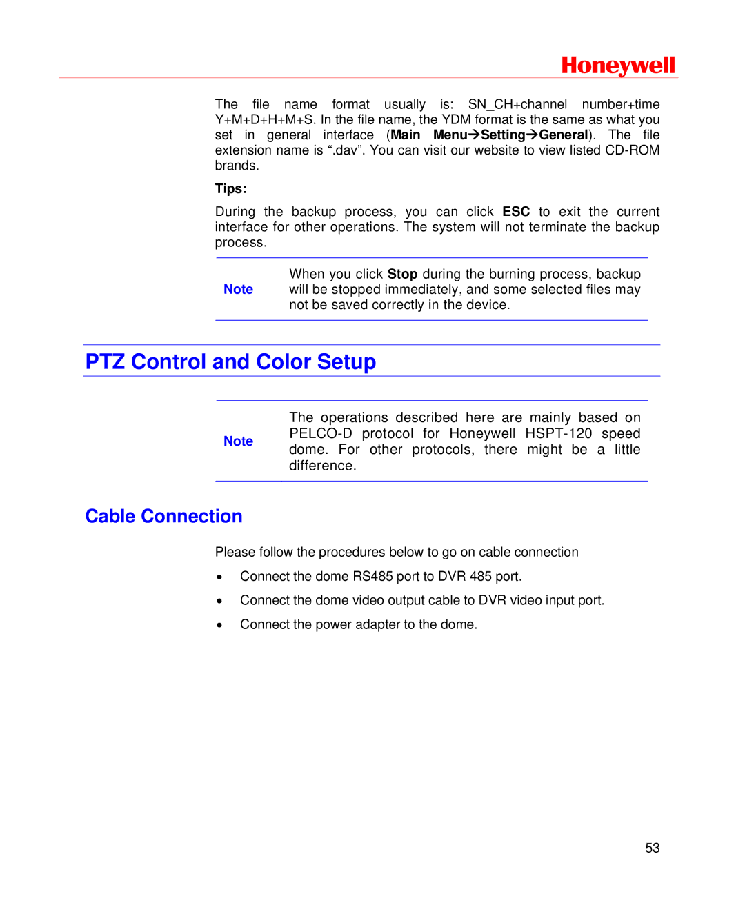 Honeywell HD-DVR-1008, HD-DVR-1004, HD-DVR-1016 user manual PTZ Control and Color Setup, Cable Connection 