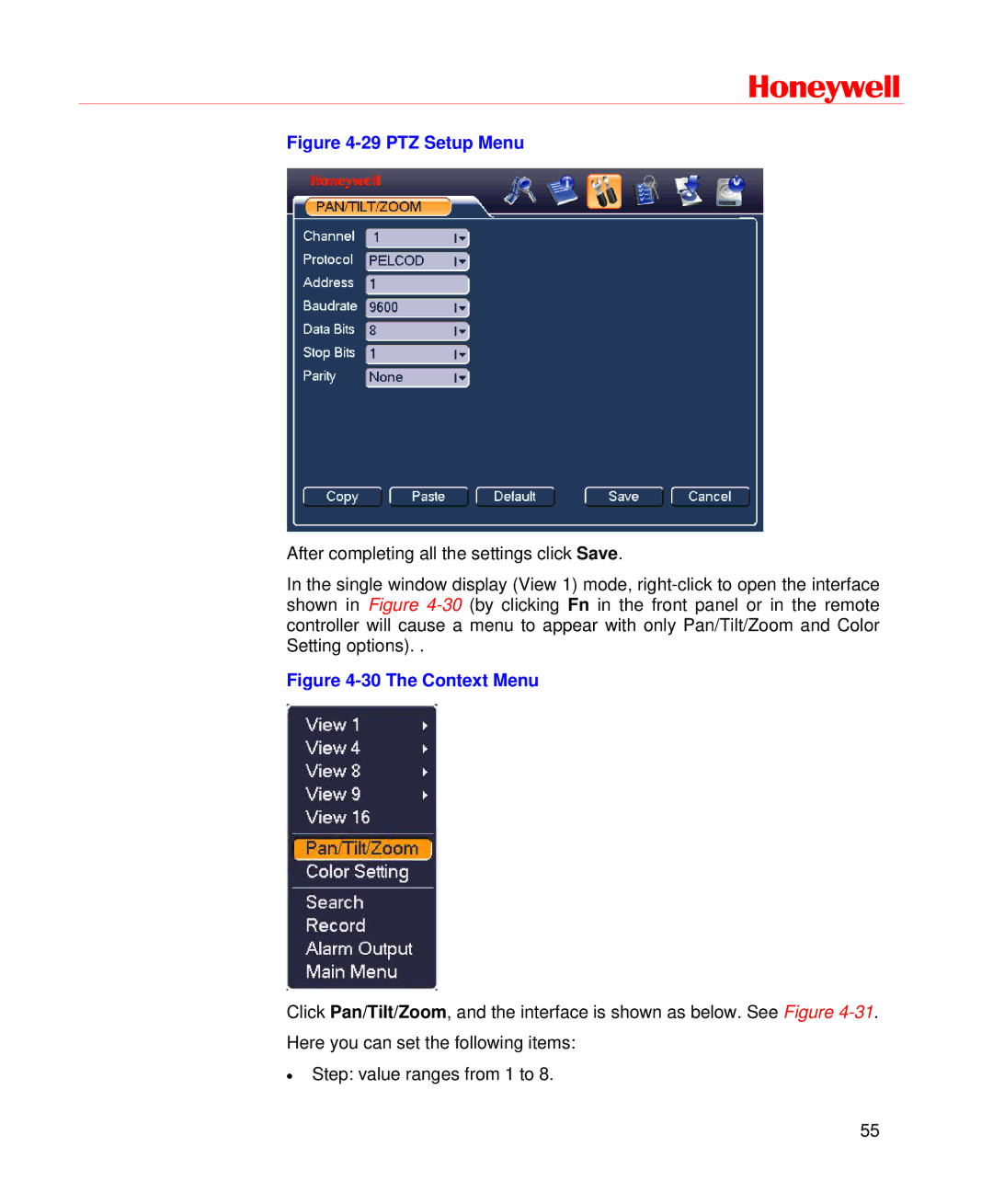 Honeywell HD-DVR-1004, HD-DVR-1008, HD-DVR-1016 user manual PTZ Setup Menu 