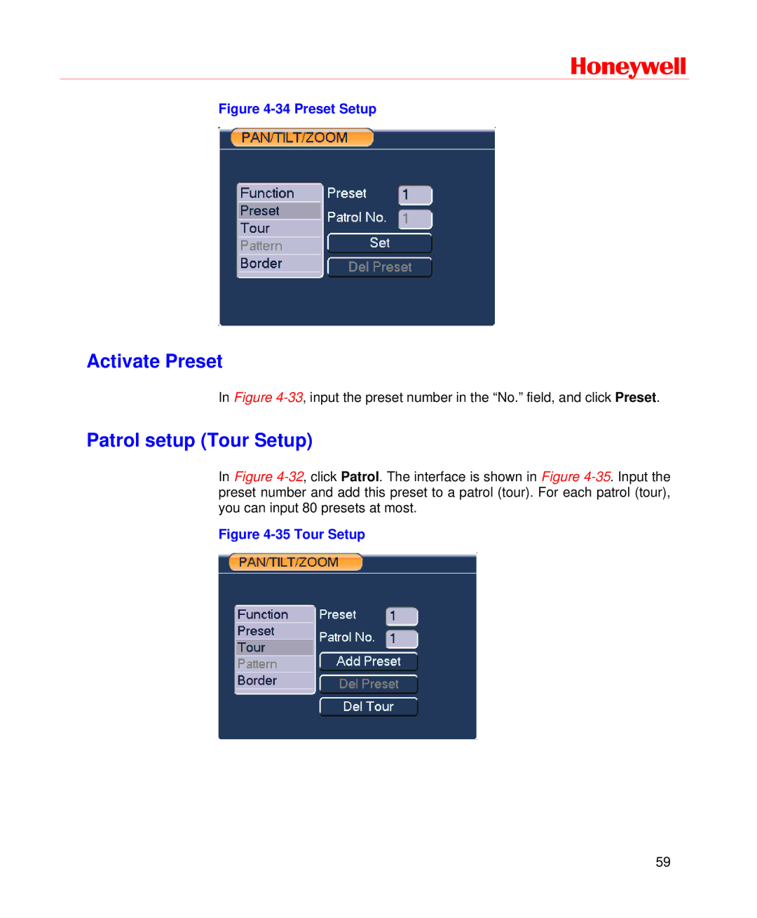 Honeywell HD-DVR-1008, HD-DVR-1004, HD-DVR-1016 user manual Activate Preset, Patrol setup Tour Setup 