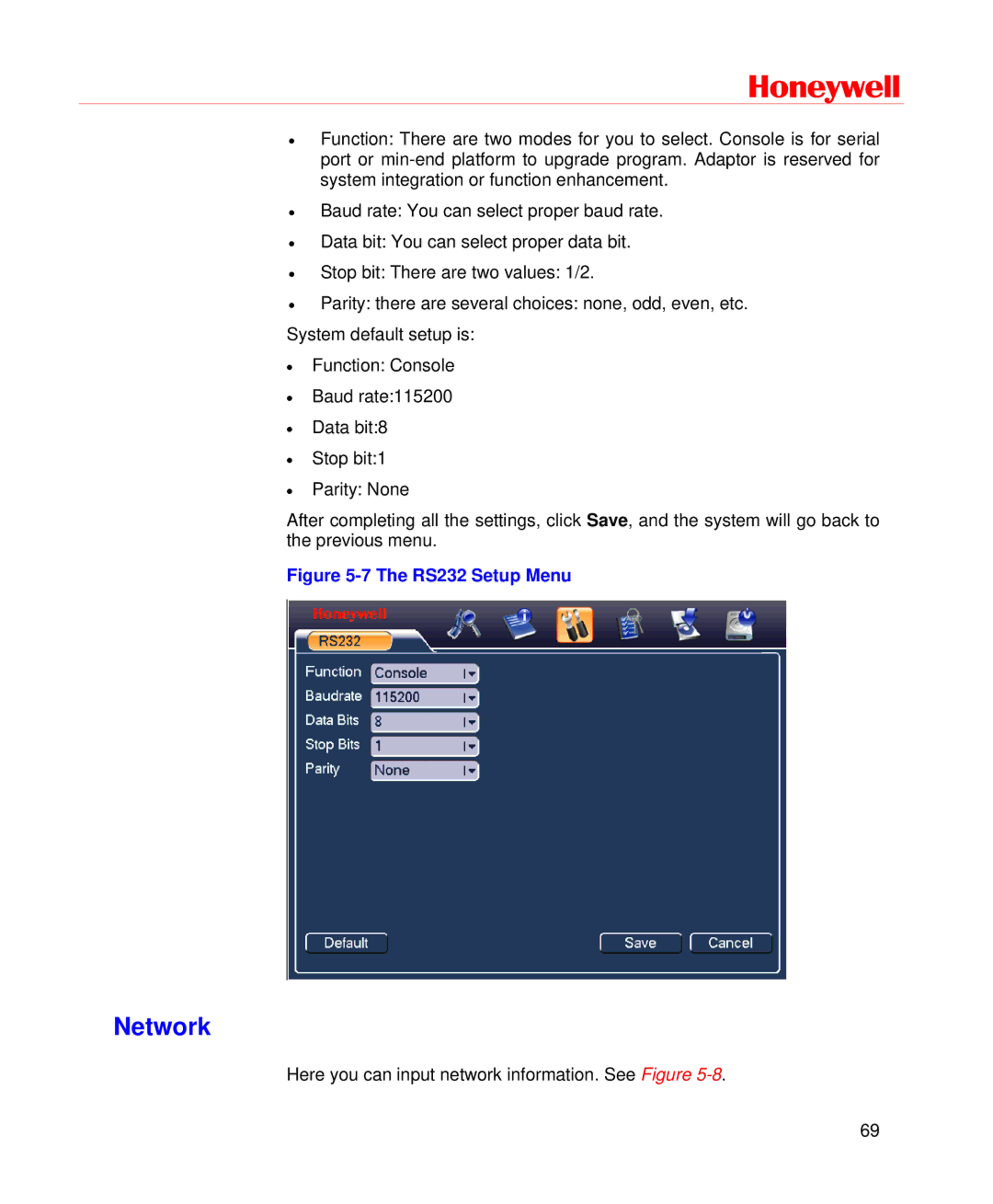Honeywell HD-DVR-1016, HD-DVR-1004, HD-DVR-1008 user manual Network, RS232 Setup Menu 