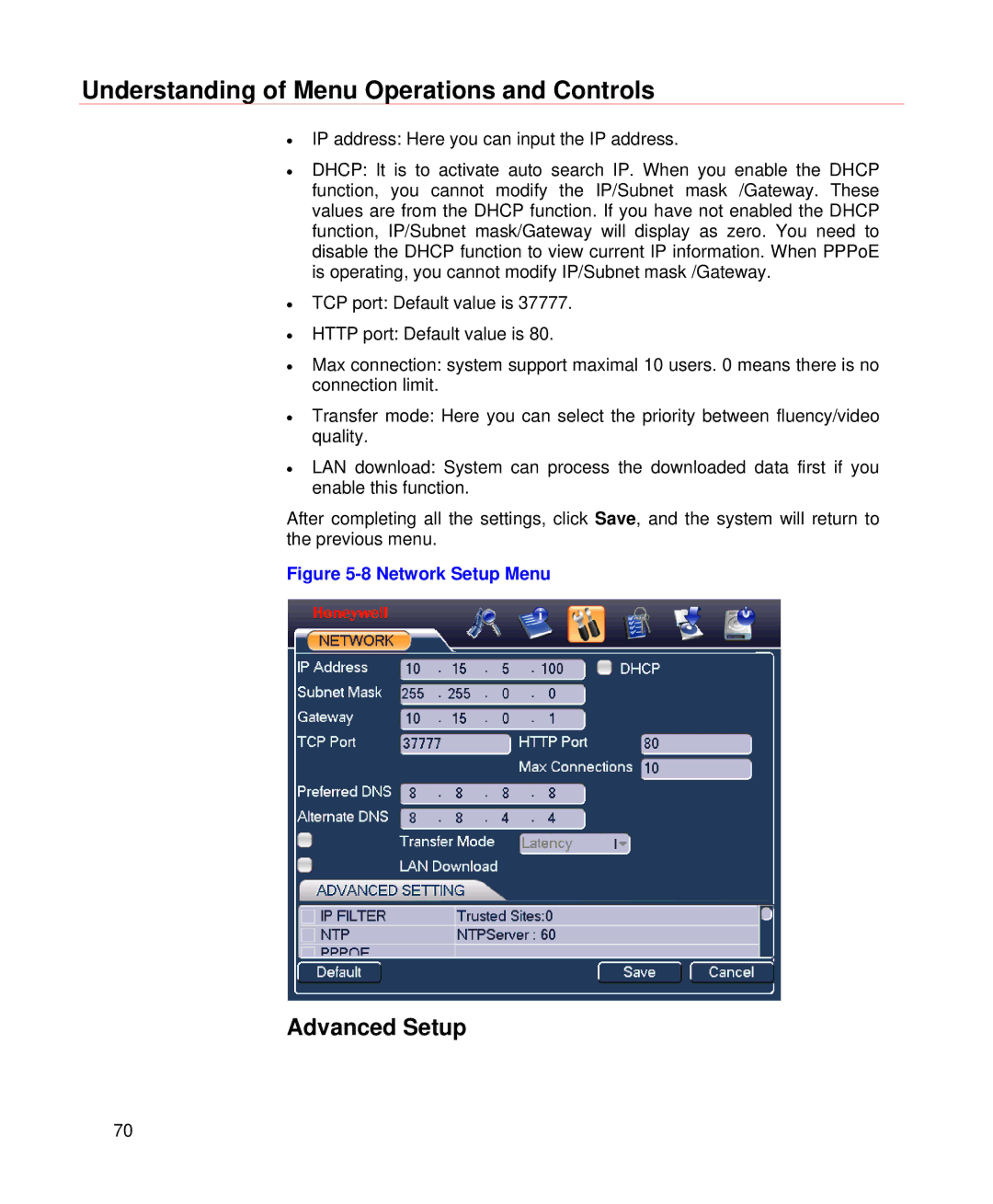 Honeywell HD-DVR-1004, HD-DVR-1008, HD-DVR-1016 user manual Advanced Setup, Network Setup Menu 