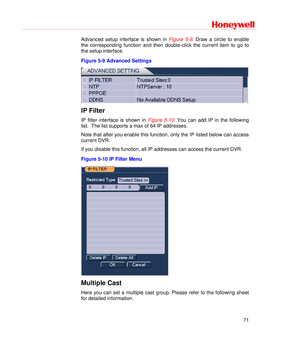 Honeywell HD-DVR-1008, HD-DVR-1004, HD-DVR-1016 user manual IP Filter, Multiple Cast 