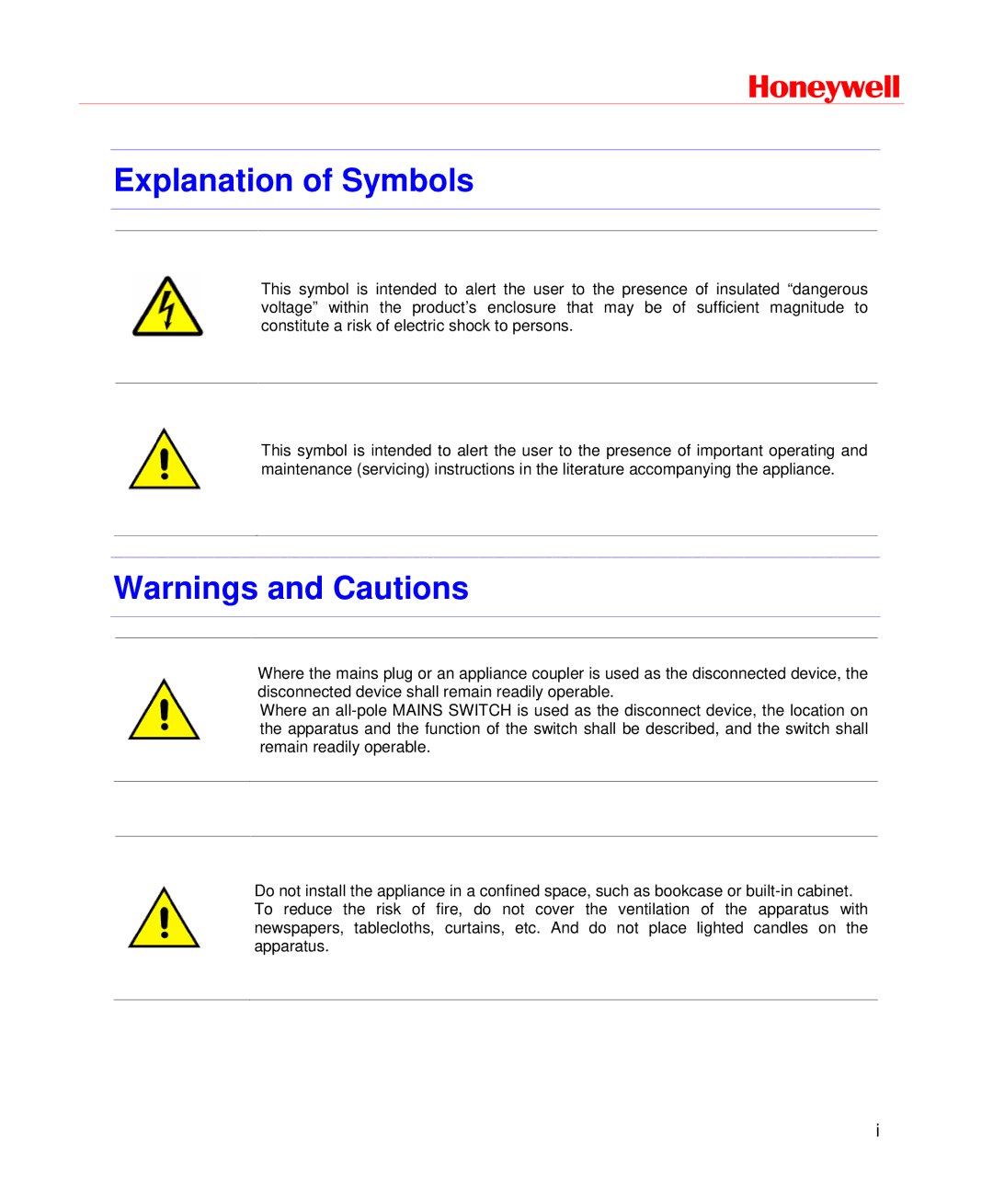 Honeywell HD-DVR-1004, HD-DVR-1008, HD-DVR-1016 user manual Explanation of Symbols 