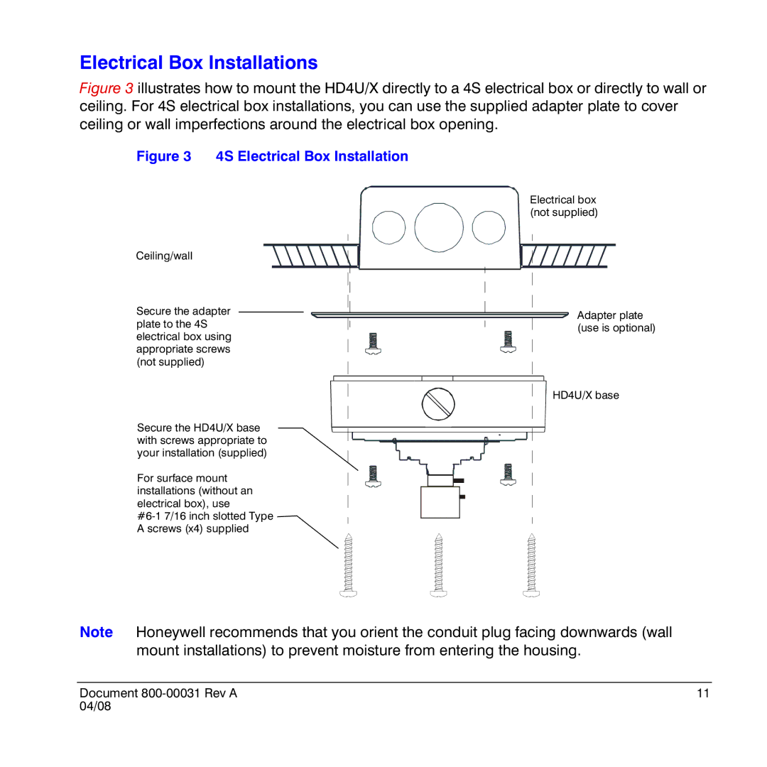 Honeywell HD4UX manual Electrical Box Installations, 4S Electrical Box Installation 