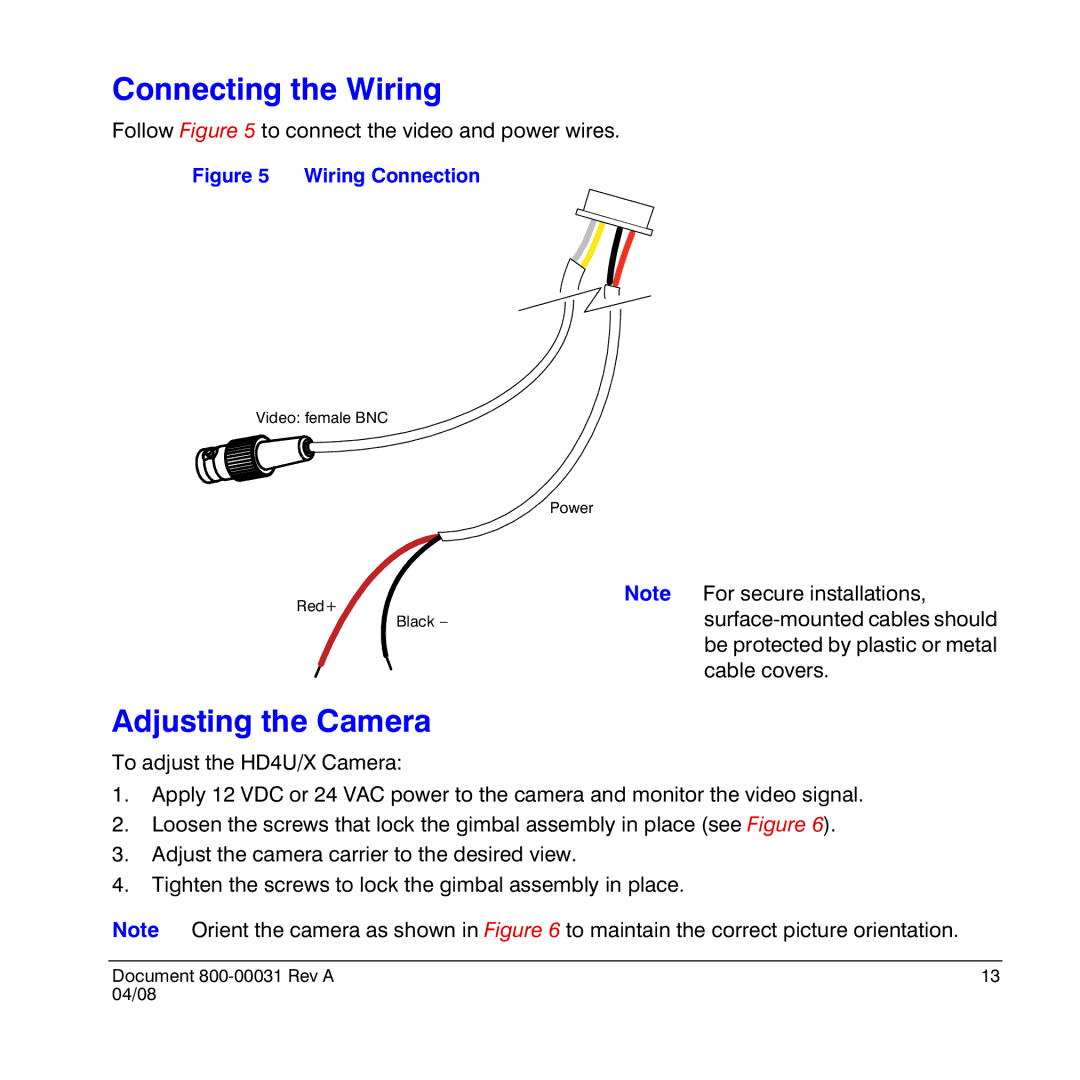 Honeywell HD4UX manual Connecting the Wiring, Adjusting the Camera 