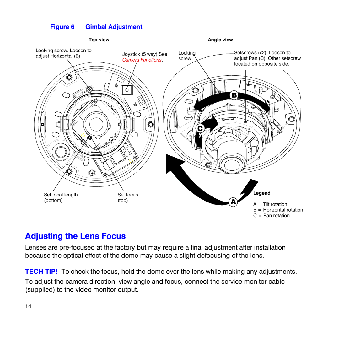 Honeywell HD4UX manual Adjusting the Lens Focus, Gimbal Adjustment 