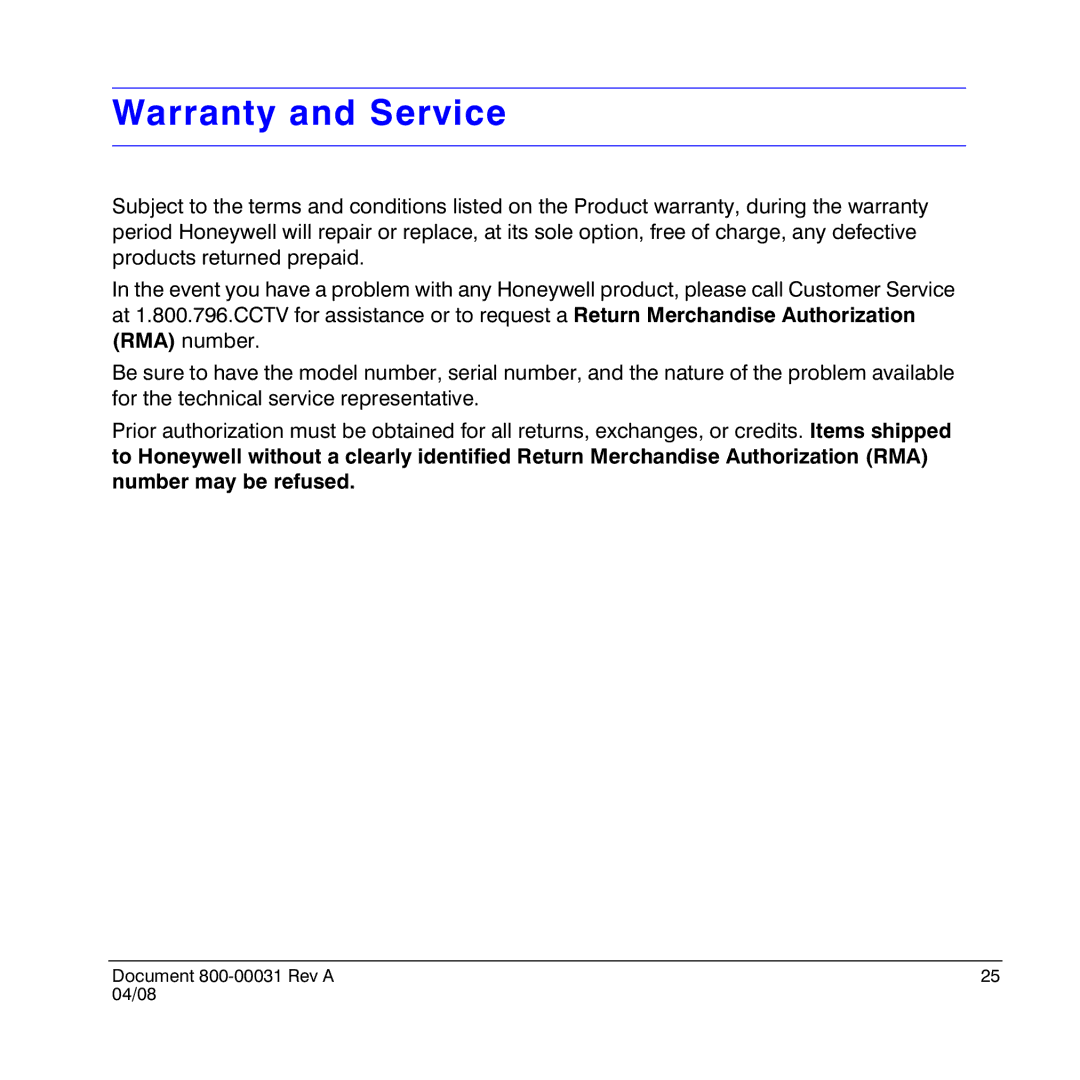 Honeywell HD4UX manual Warranty and Service 