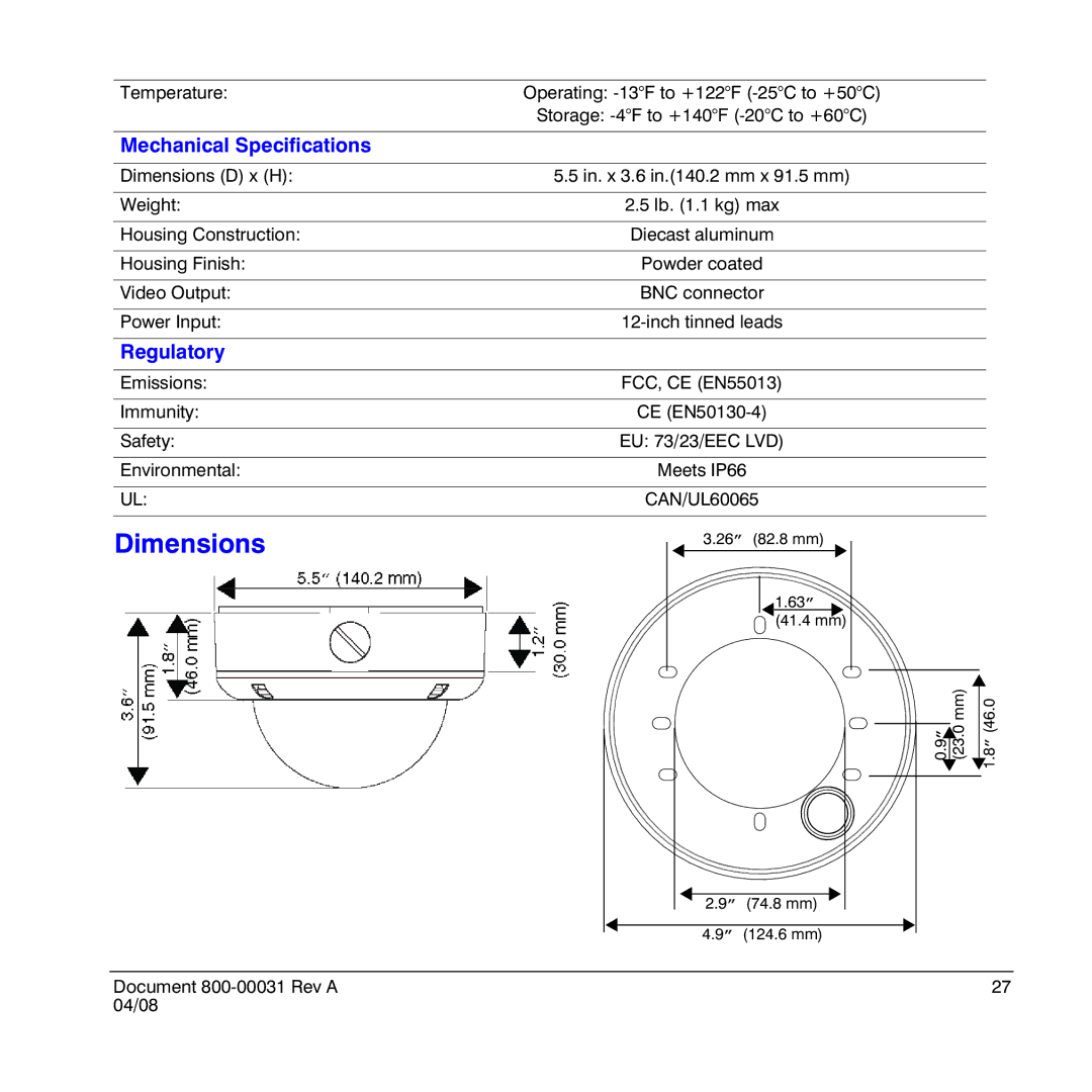 Honeywell HD4UX manual Dimensions, Mechanical Specifications, Regulatory 