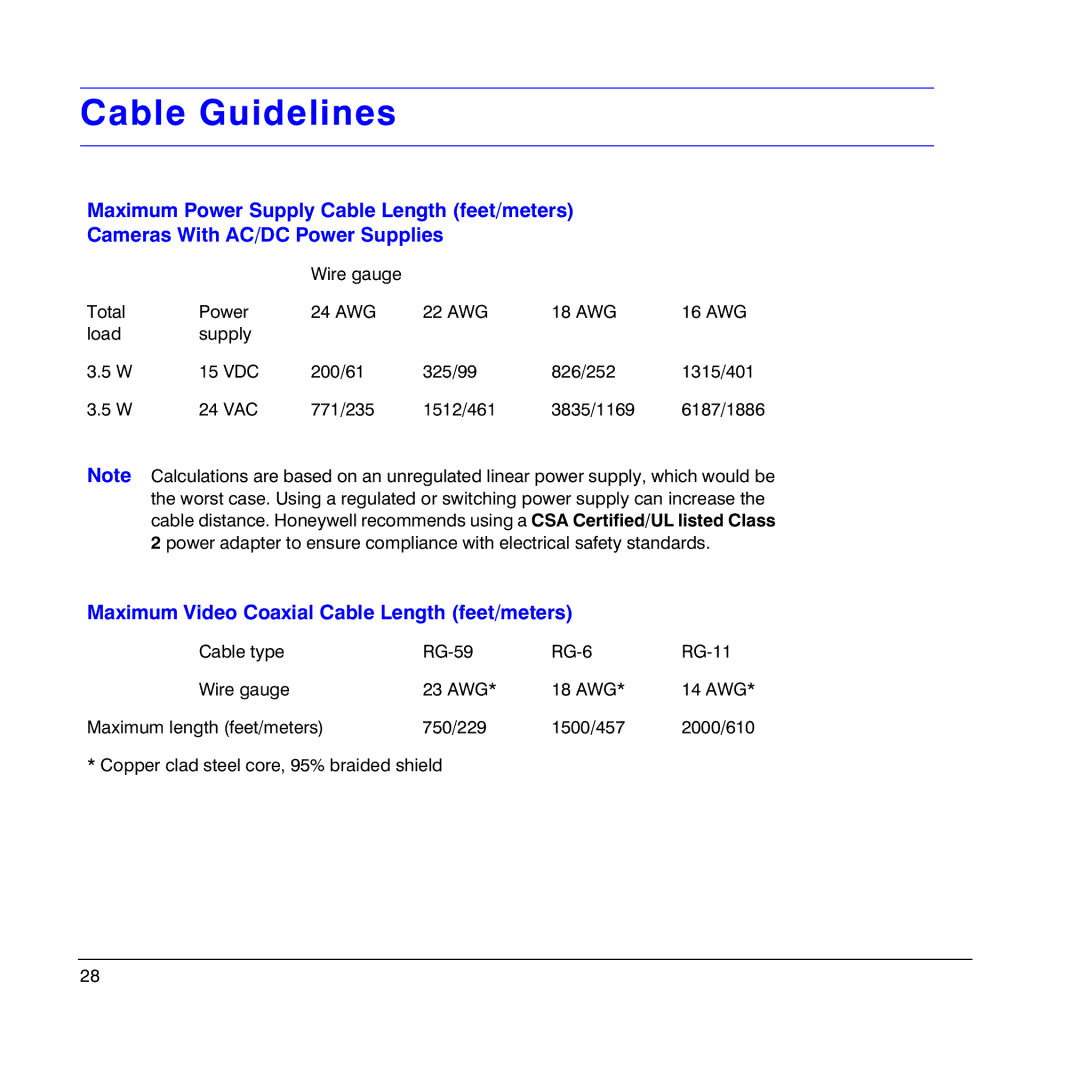 Honeywell HD4UX manual Cable Guidelines, Maximum Video Coaxial Cable Length feet/meters 