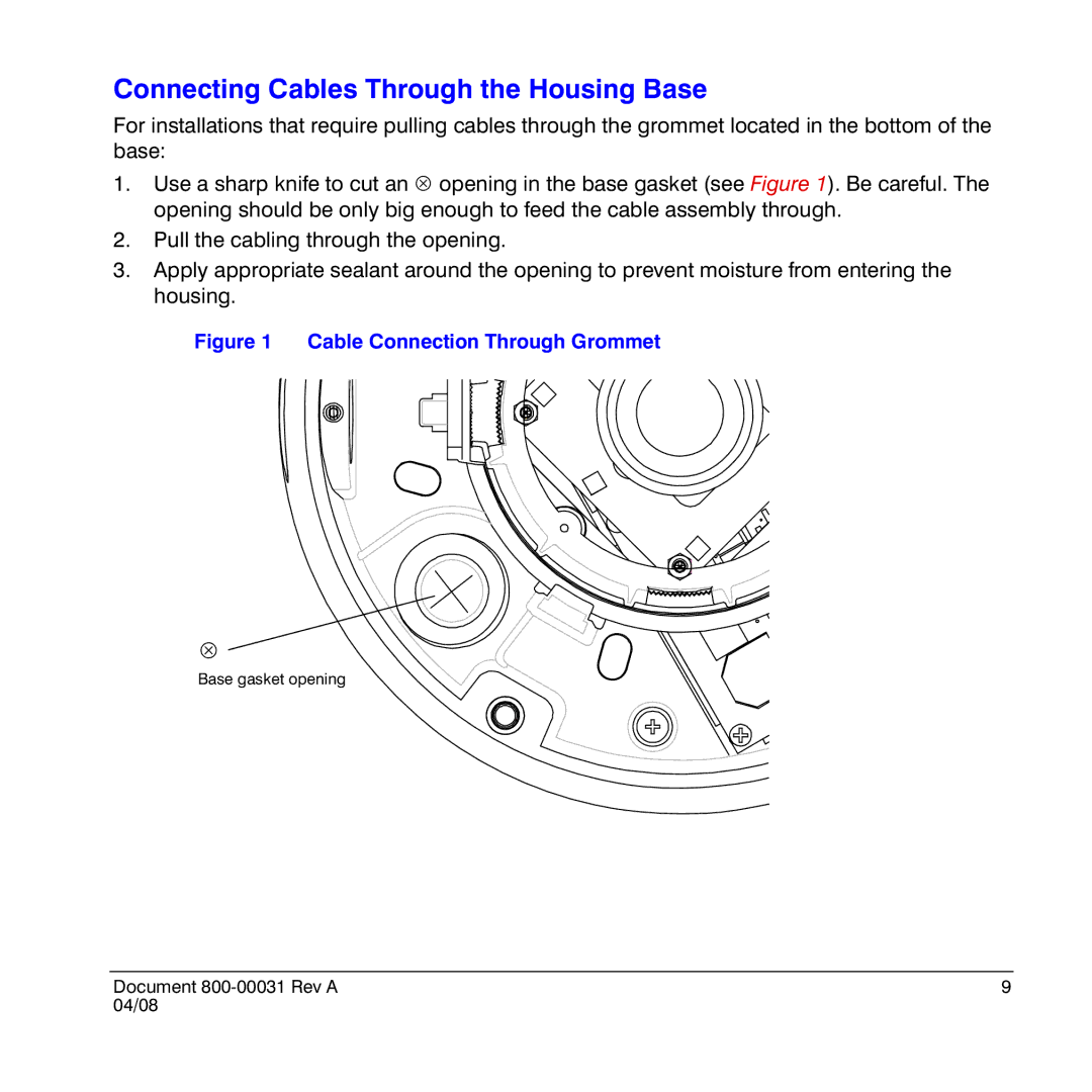 Honeywell HD4UX manual Connecting Cables Through the Housing Base, Cable Connection Through Grommet 