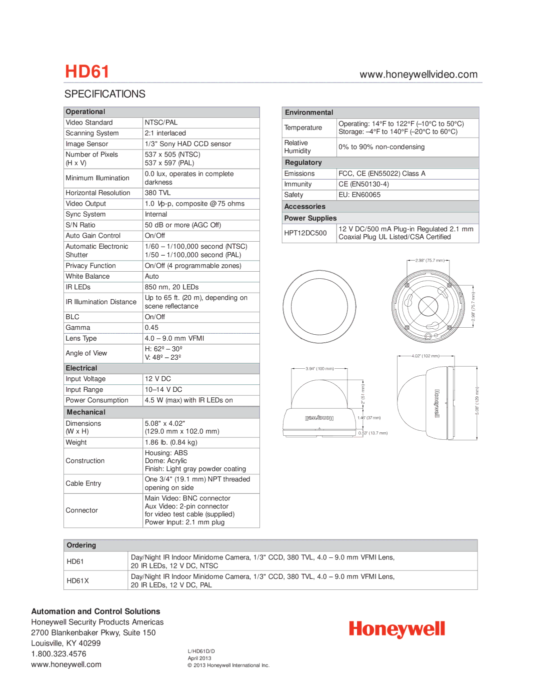 Honeywell HD61 manual Automation and Control Solutions 