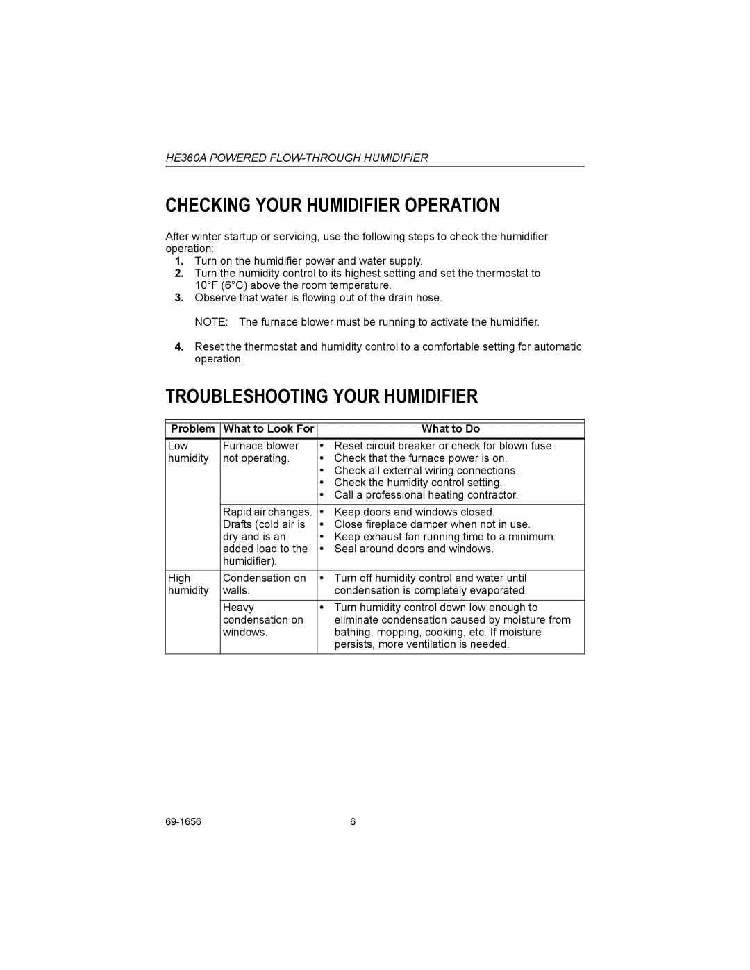 Honeywell HE360A Checking Your Humidifier Operation, Troubleshooting Your Humidifier, Problem What to Look For What to Do 
