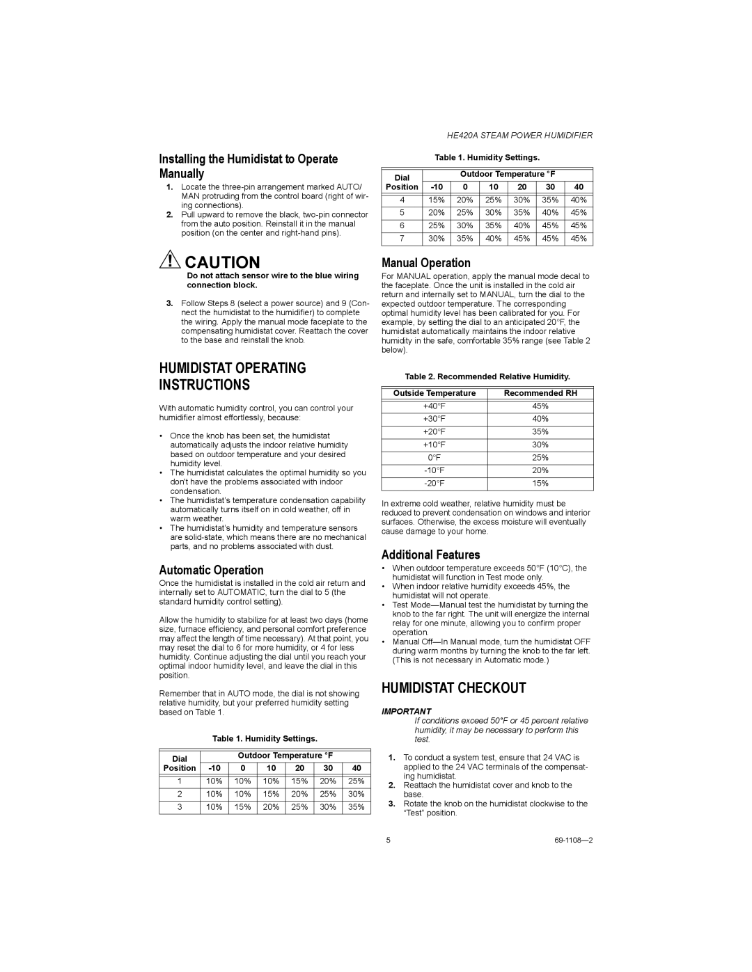 Honeywell HE420A installation instructions Humidistat Operating Instructions, Humidistat Checkout 