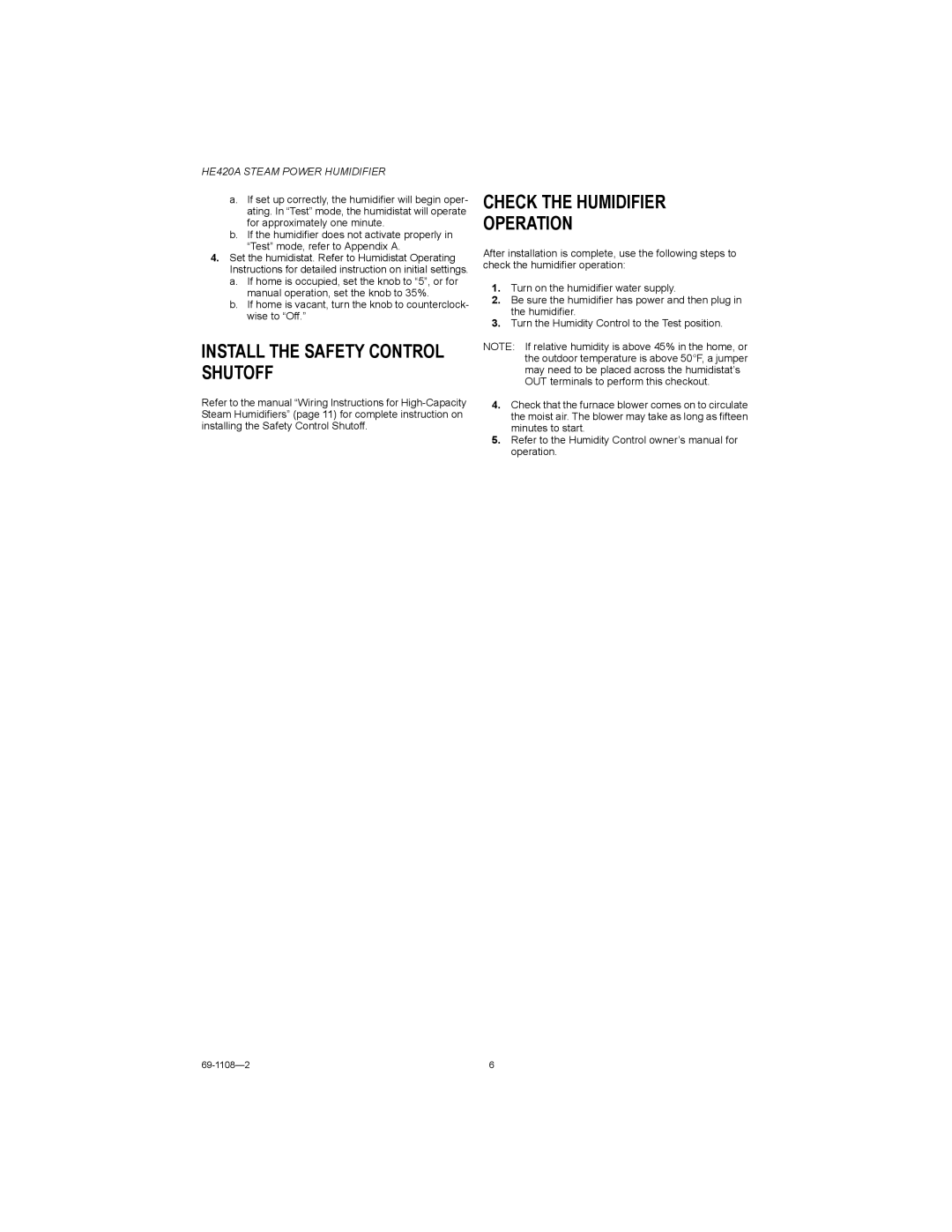 Honeywell HE420A installation instructions Install the Safety Control Shutoff, Check the Humidifier Operation 