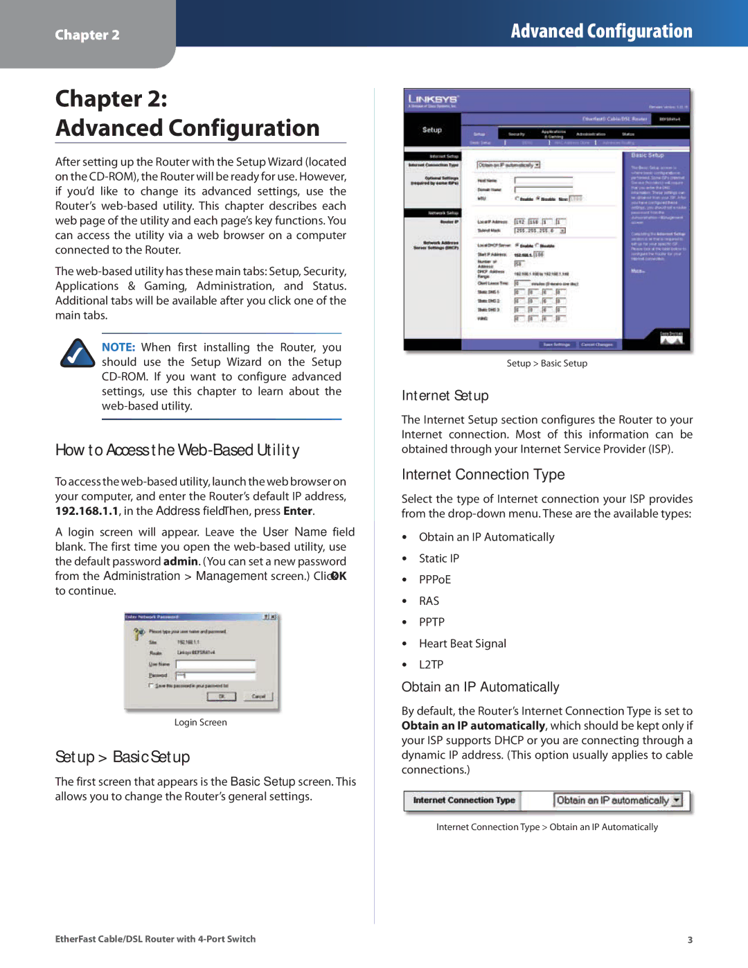 Honeywell HEMS II manual How to Access the Web-Based Utility, Setup Basic Setup, Internet Setup, Internet Connection Type 