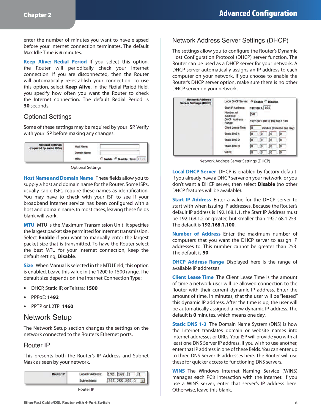 Honeywell HEMS II manual Network Setup, Optional Settings, Router IP, Network Address Server Settings Dhcp 