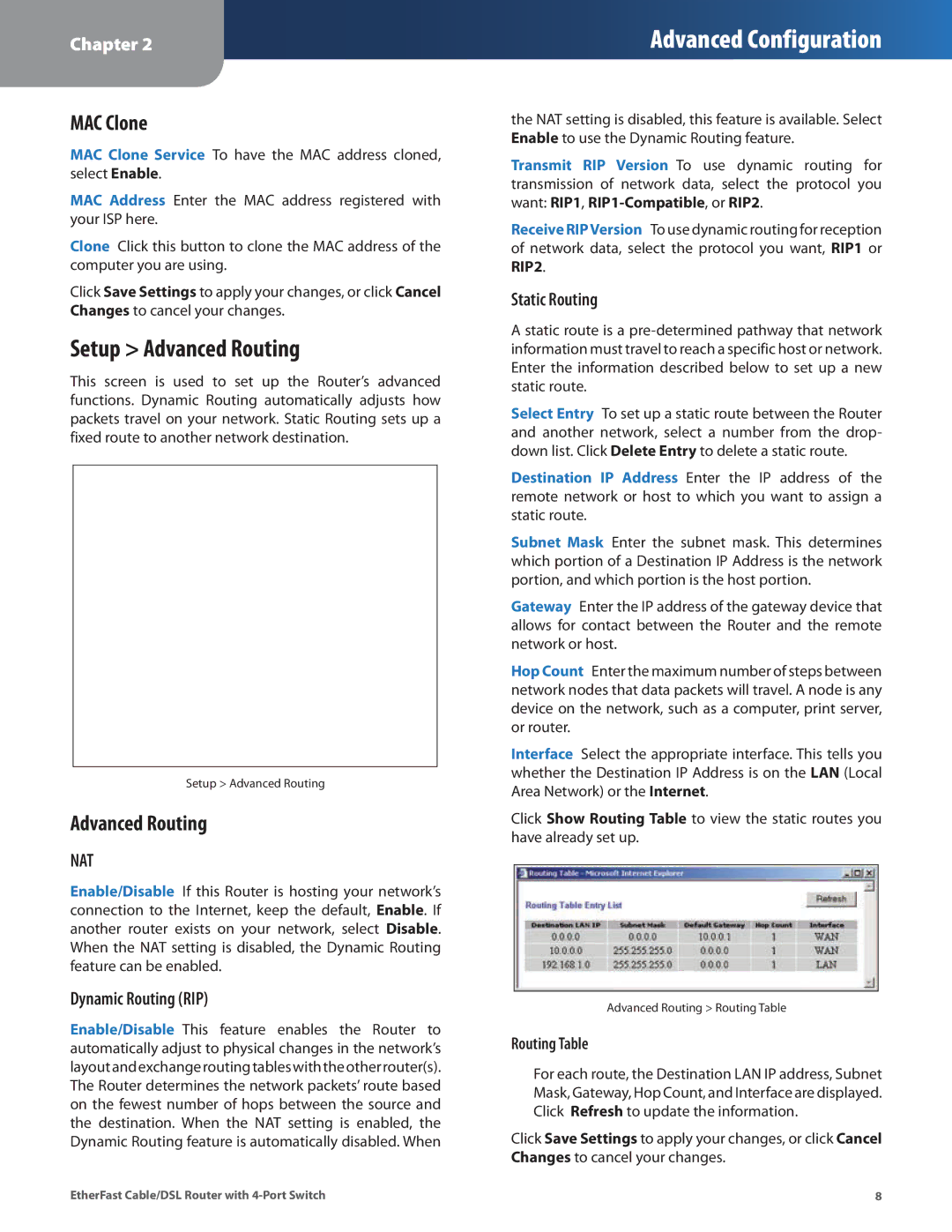 Honeywell HEMS II manual Setup Advanced Routing, MAC Clone, Nat 