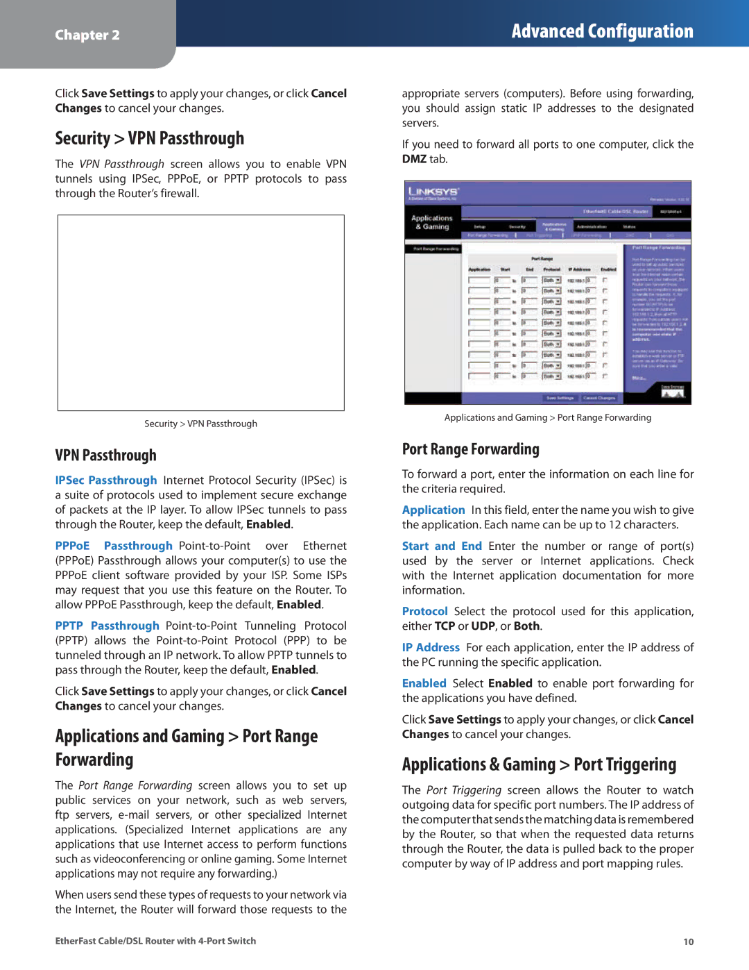 Honeywell HEMS II manual Security VPN Passthrough, Applications and Gaming Port Range Forwarding 