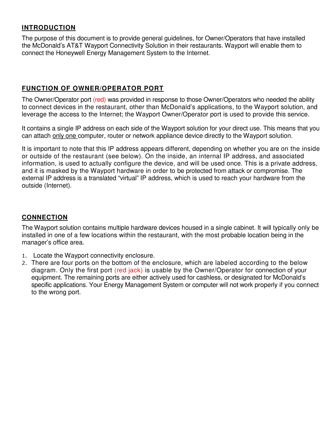 Honeywell HEMS II manual Introduction, Function of OWNER/OPERATOR Port, Connection 