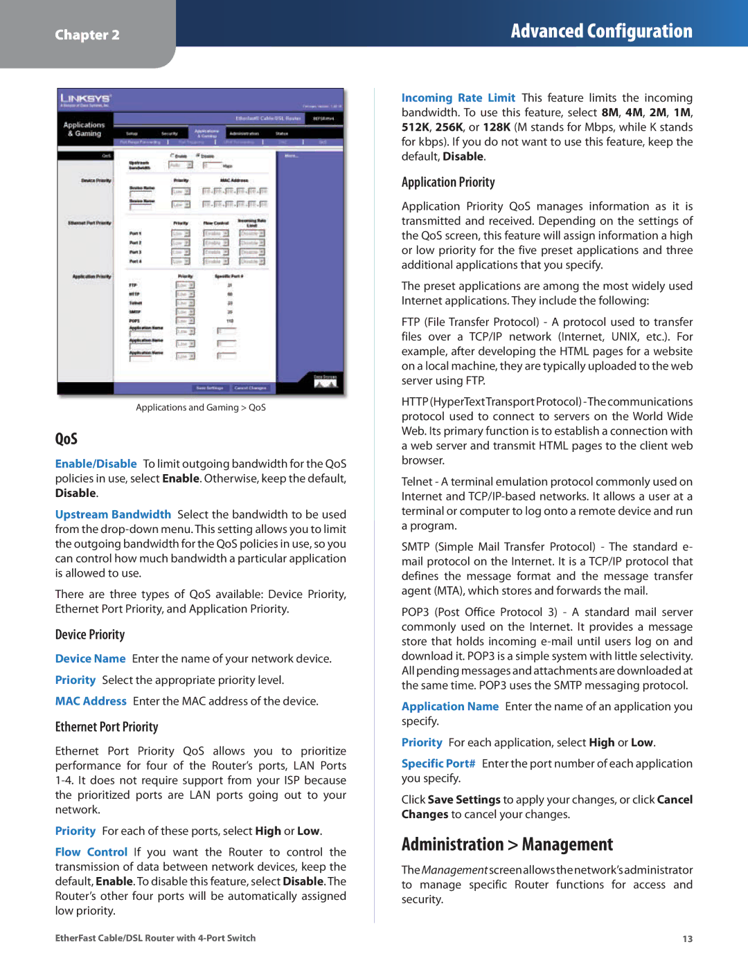 Honeywell HEMS II manual Administration Management, QoS, Device Priority, Ethernet Port Priority, Application Priority 