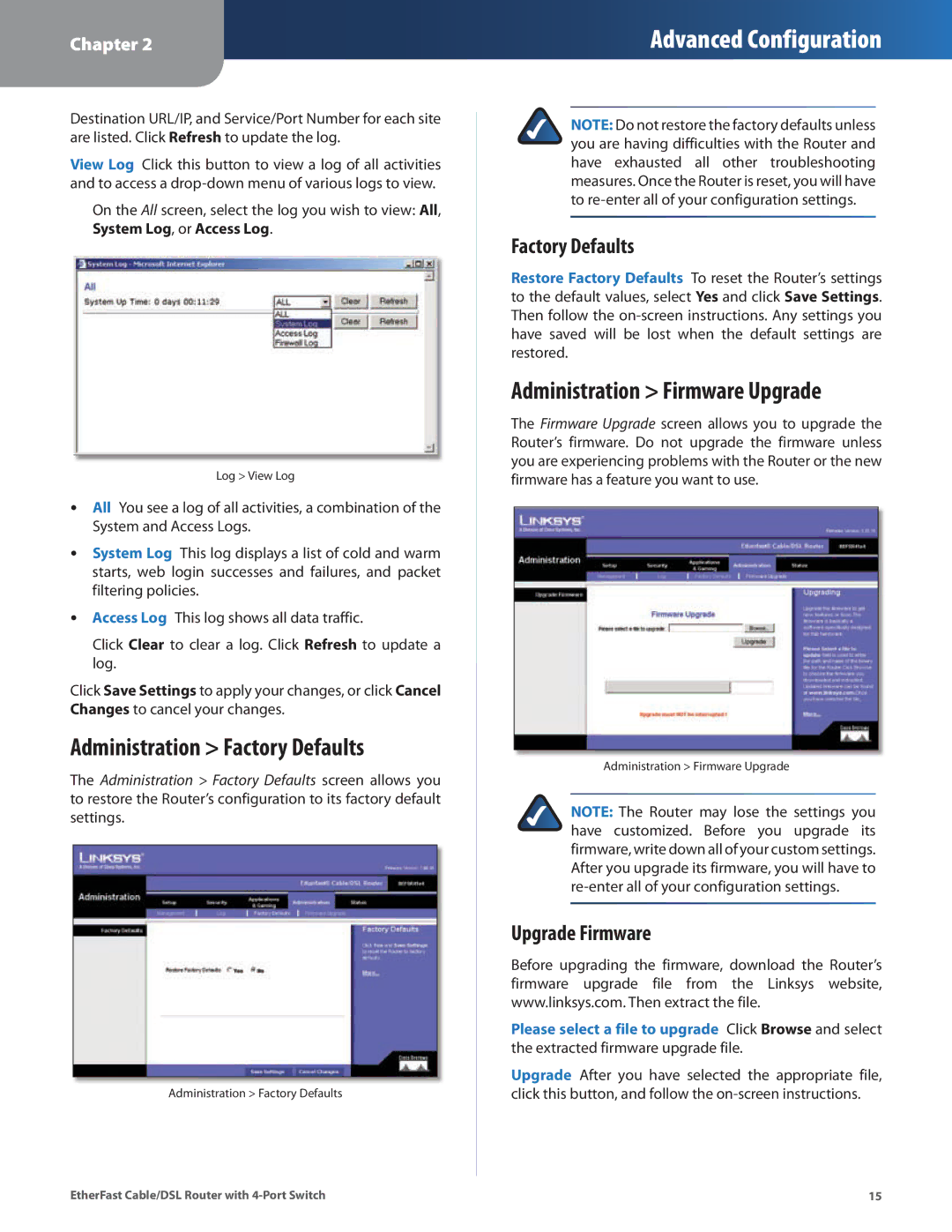 Honeywell HEMS II manual Administration Factory Defaults, Administration Firmware Upgrade, Upgrade Firmware 