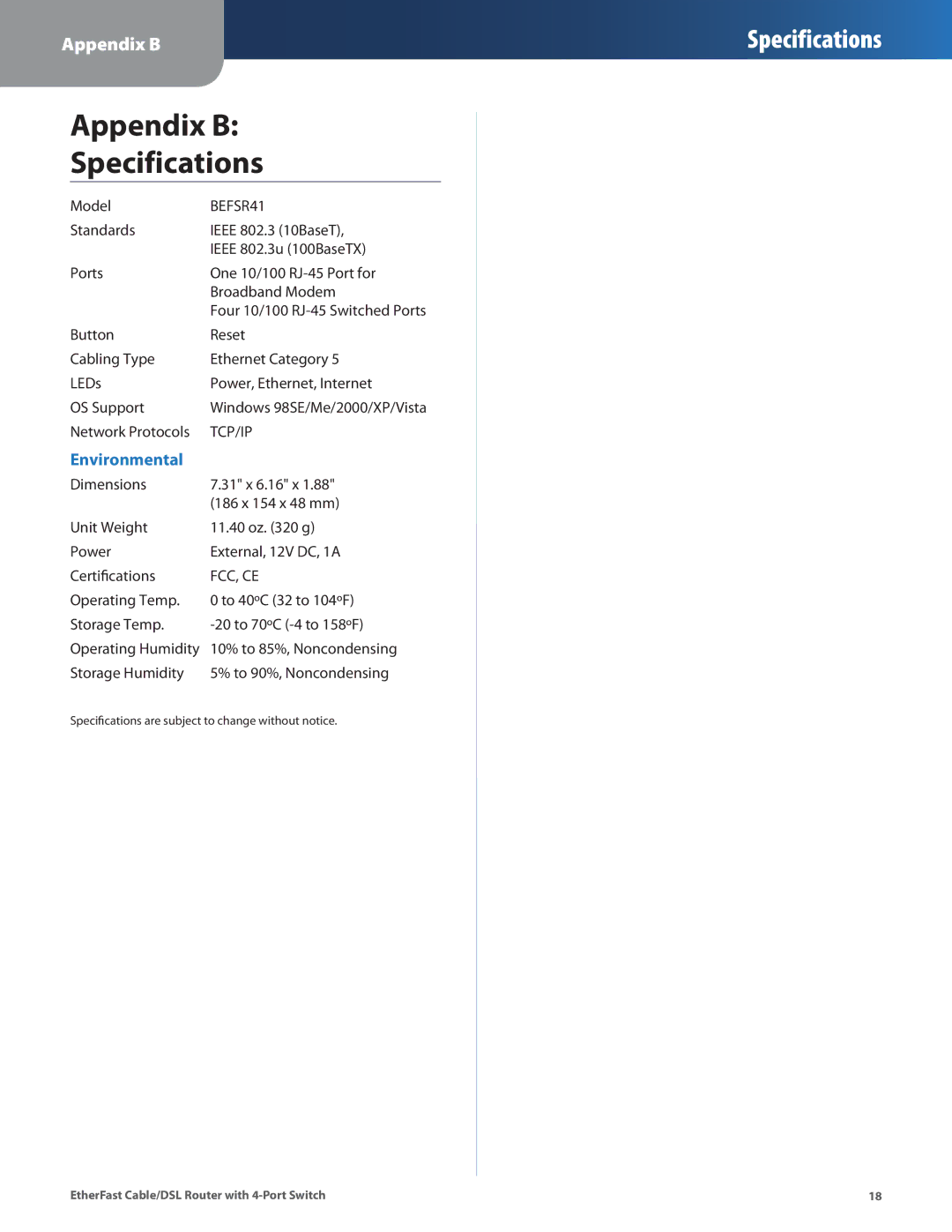 Honeywell HEMS II manual Appendix B Specifications 