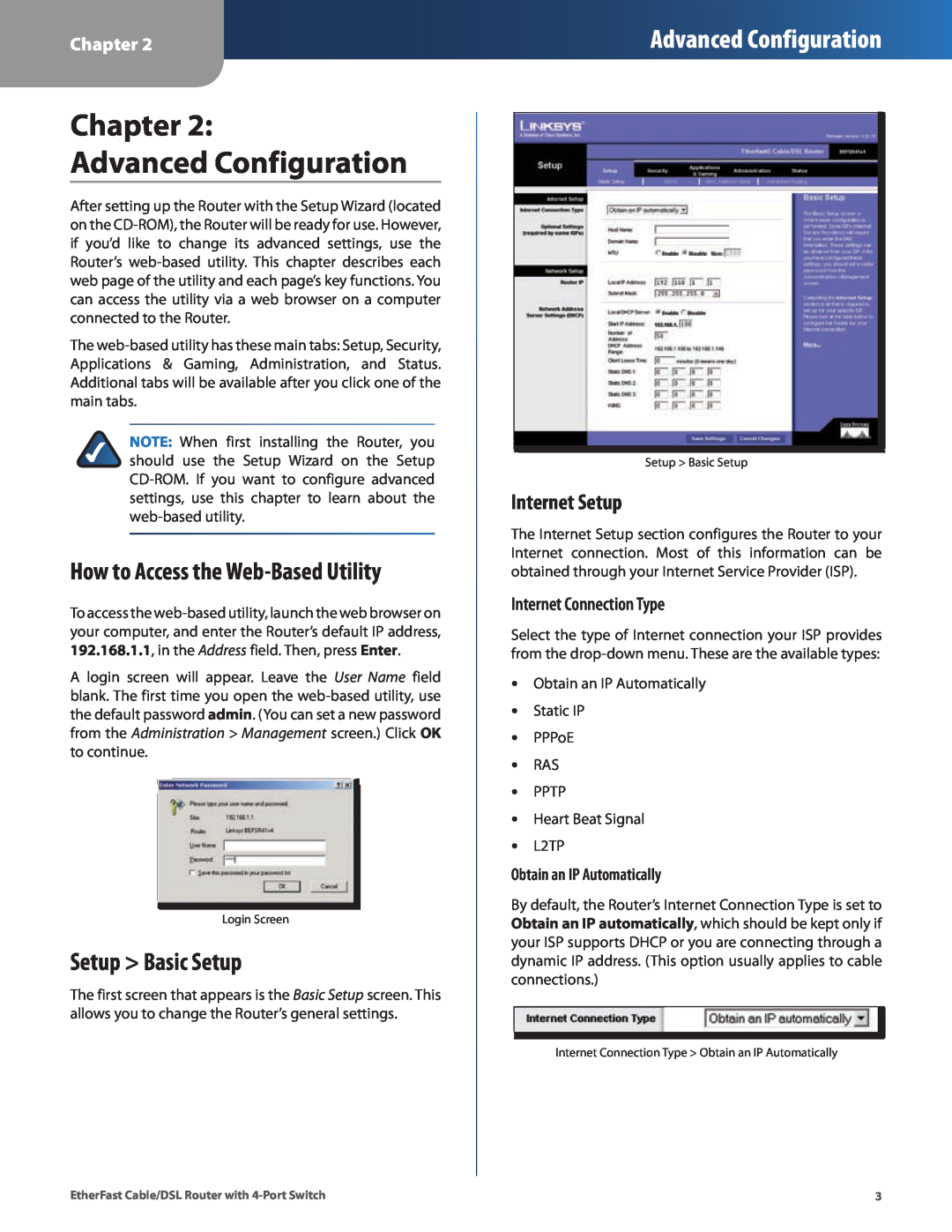 Honeywell HEMS II Chapter Advanced Configuration, How to Access the Web-Based Utility, Setup Basic Setup, Internet Setup 