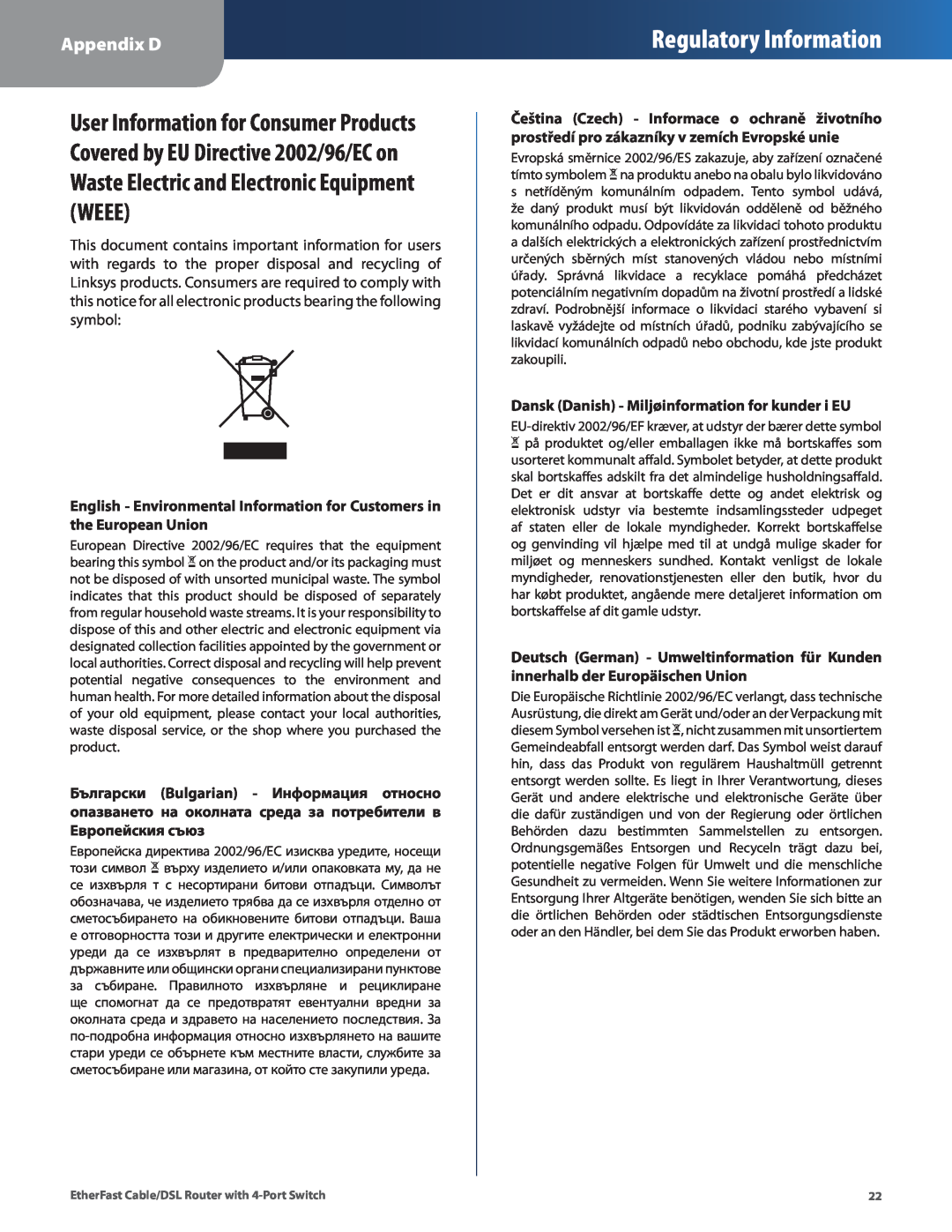 Honeywell HEMS II manual Regulatory Information, Appendix D, Dansk Danish - Miljøinformation for kunder i EU 