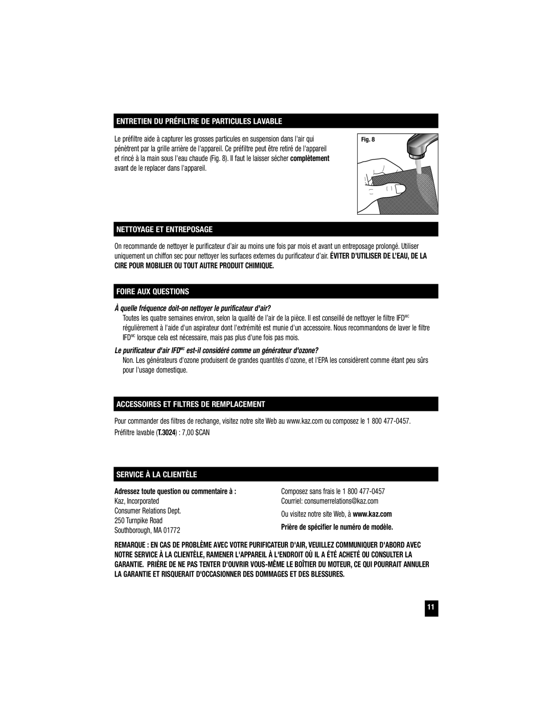 Honeywell HFD-120 Entretien DU Préfiltre DE Particules Lavable, Nettoyage ET Entreposage, Foire AUX Questions 